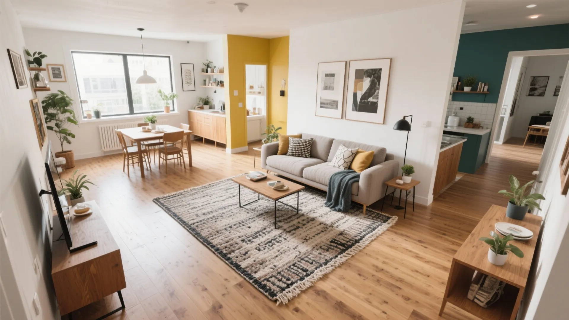 Open plan living area with patterned rug grey sofa dining table and colorful yellow wall panel