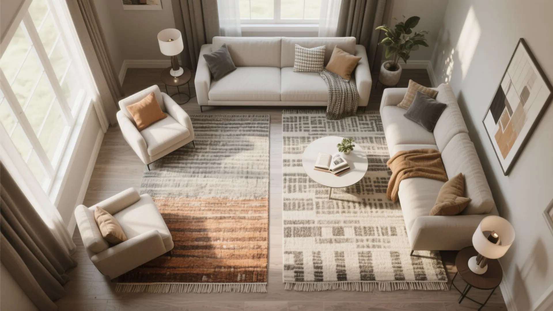 Living room layout with two white sofas armchairs and rugs to define different seating area zones