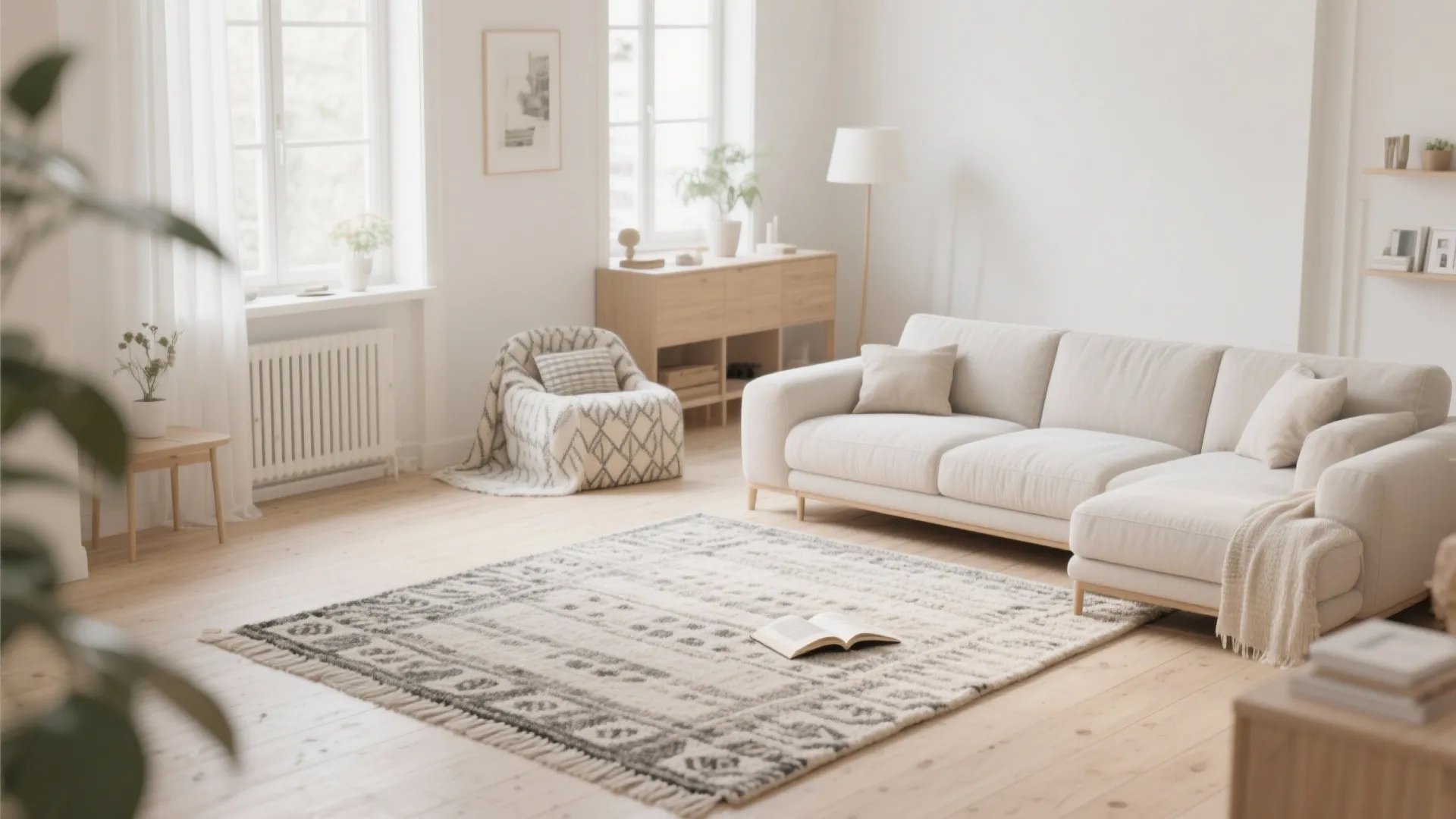 Bright minimalist living room featuring a patterned rug, white sofa, wooden cabinet, and natural light