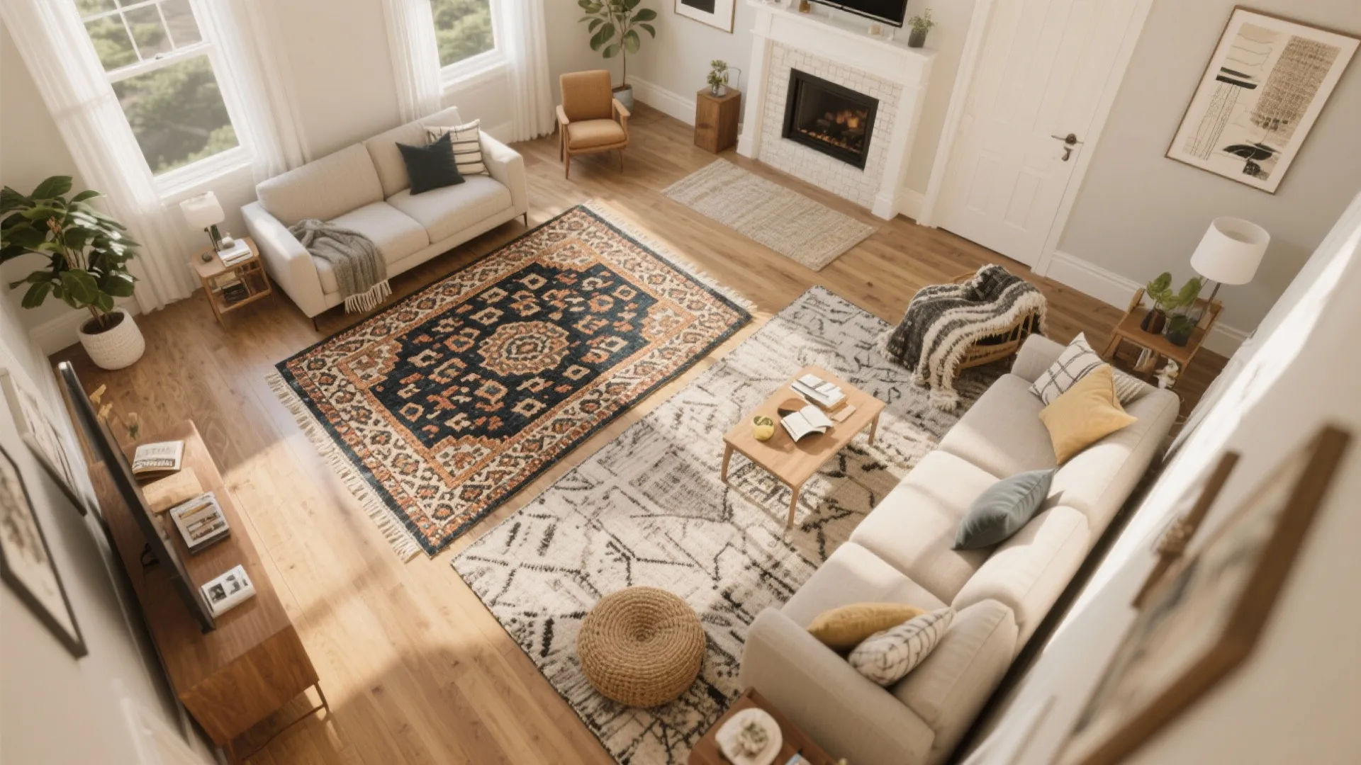 Top view of living room with wooden floor two different rugs fireplace and light colored furniture