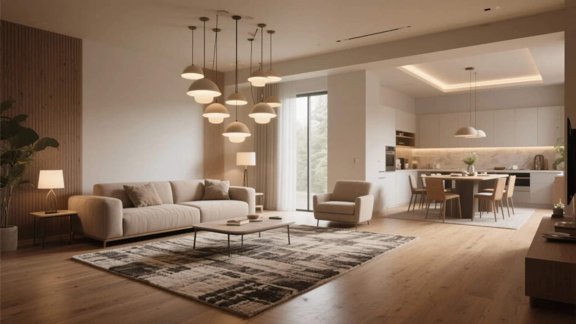 Open-plan zoning with rugs and layered lighting