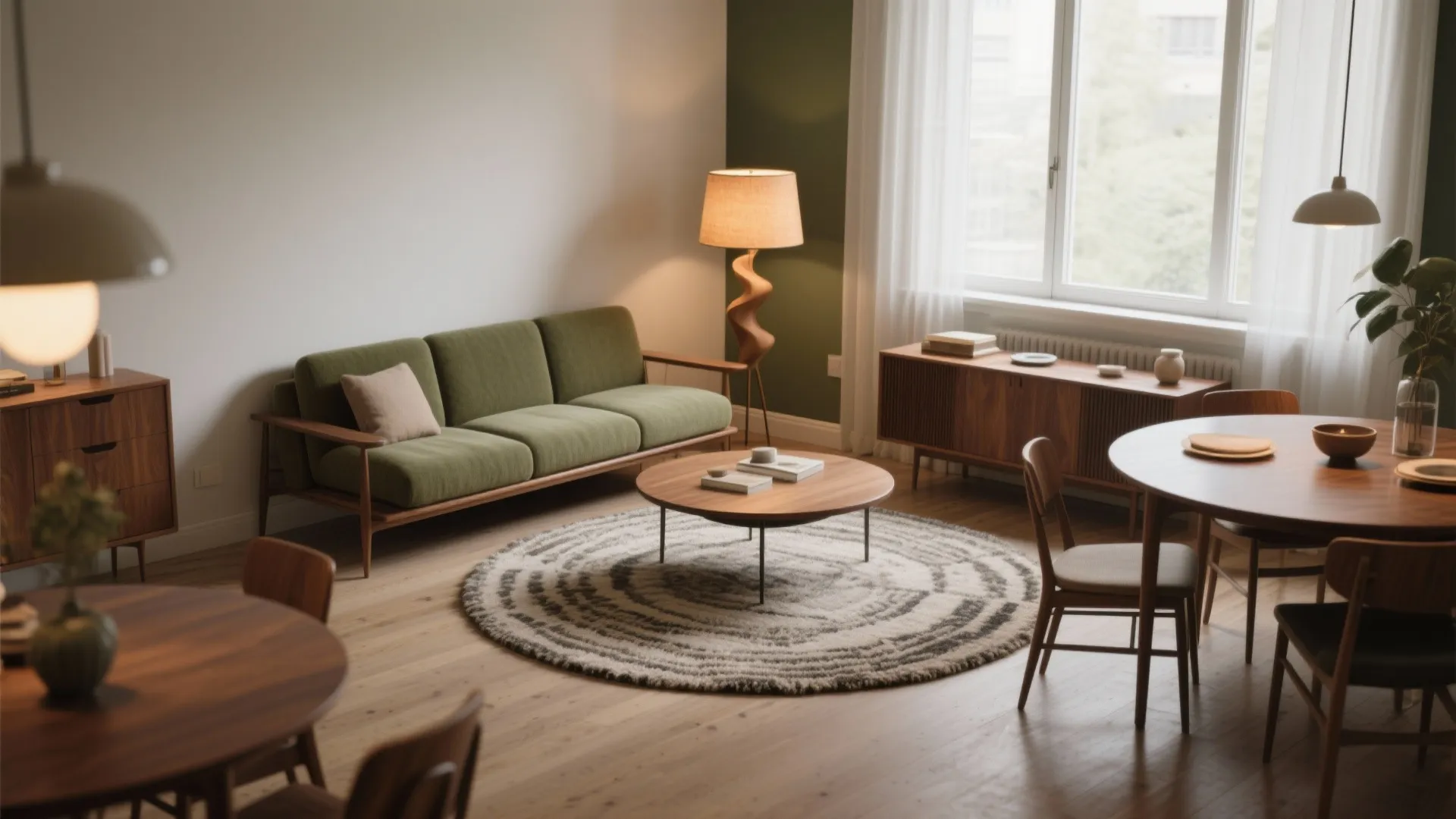 Modern living room featuring green sofa wooden coffee table round rug and wood storage cabinet furniture