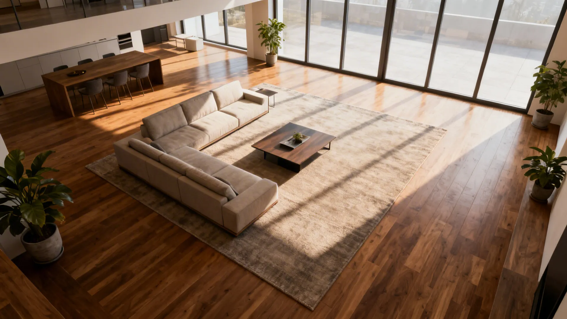 Open-plan living area with a large rug defining the seating zone and a low-profile sofa