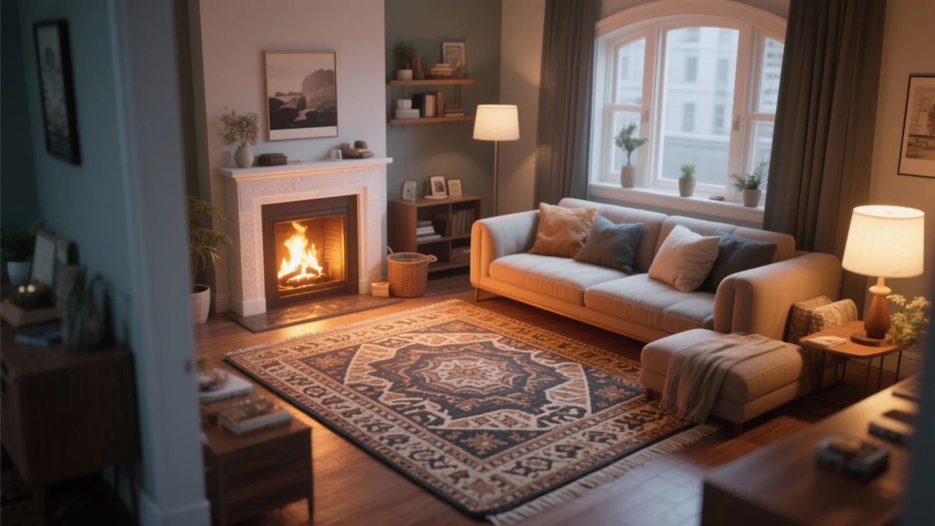 Area rug defining fireplace seating zone in living room