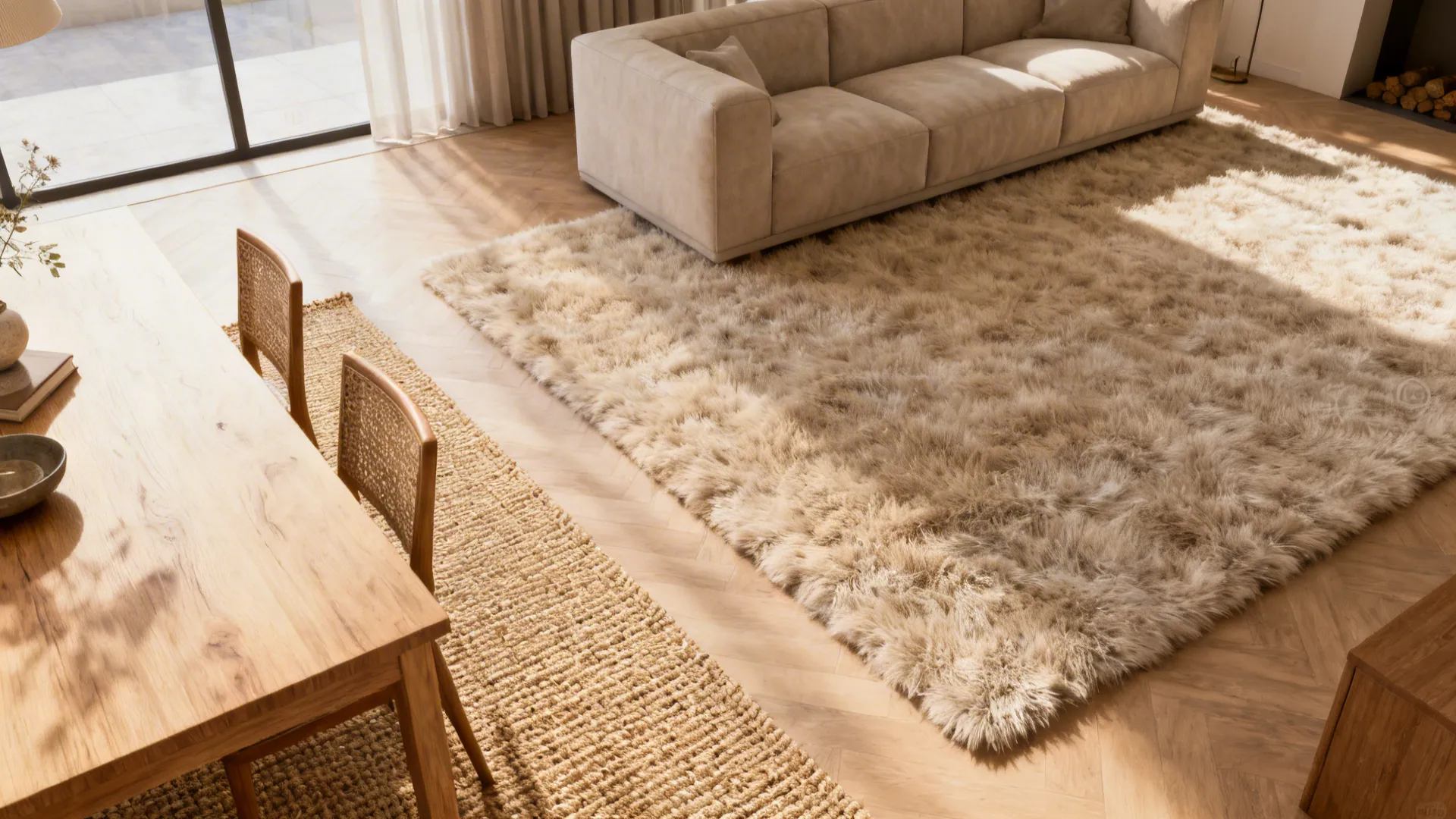 Layered rugs defining dining and living zones: sisal under dining table and plush wool in the lounge.