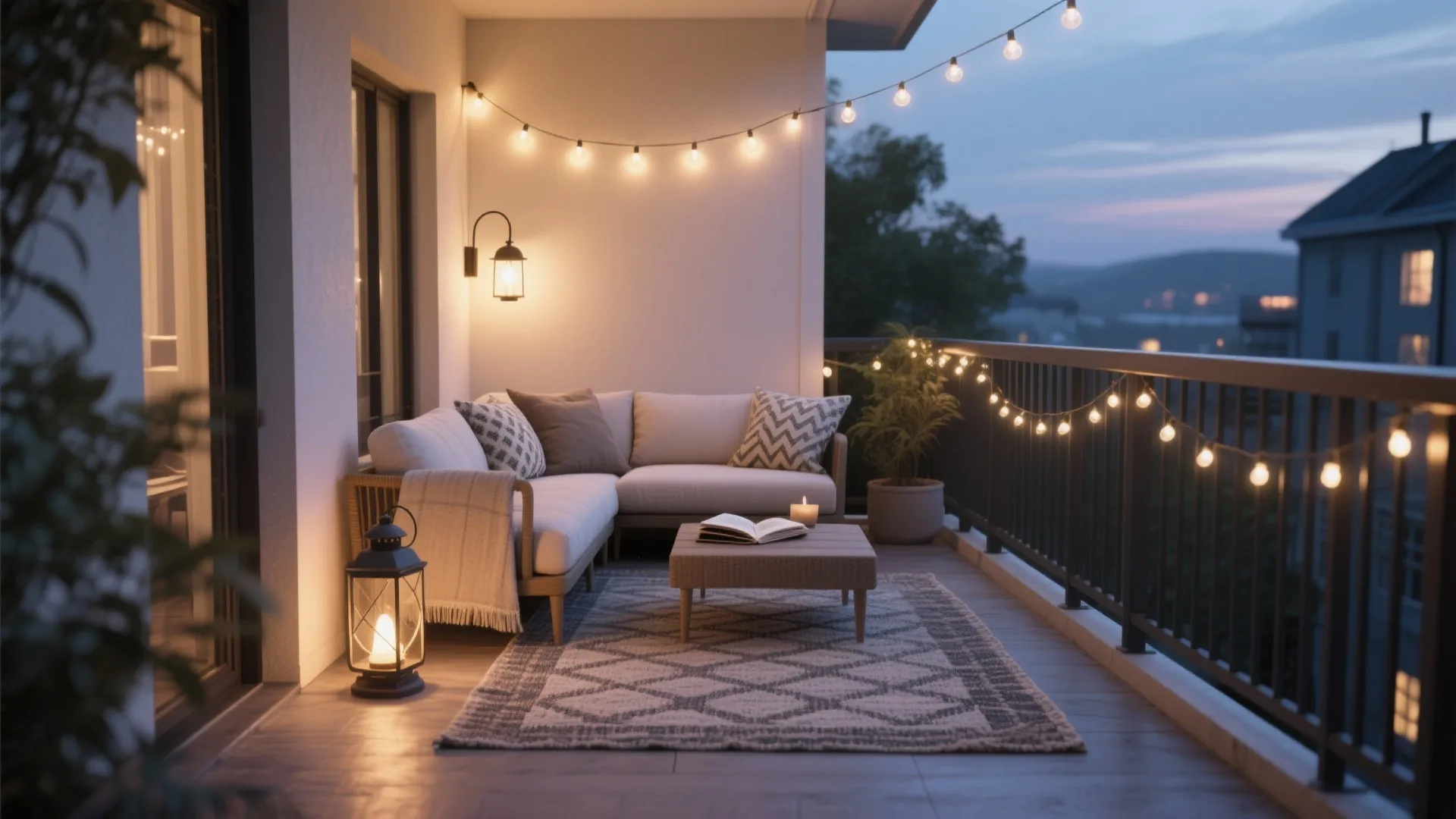 Zoning with outdoor rugs and layered lighting