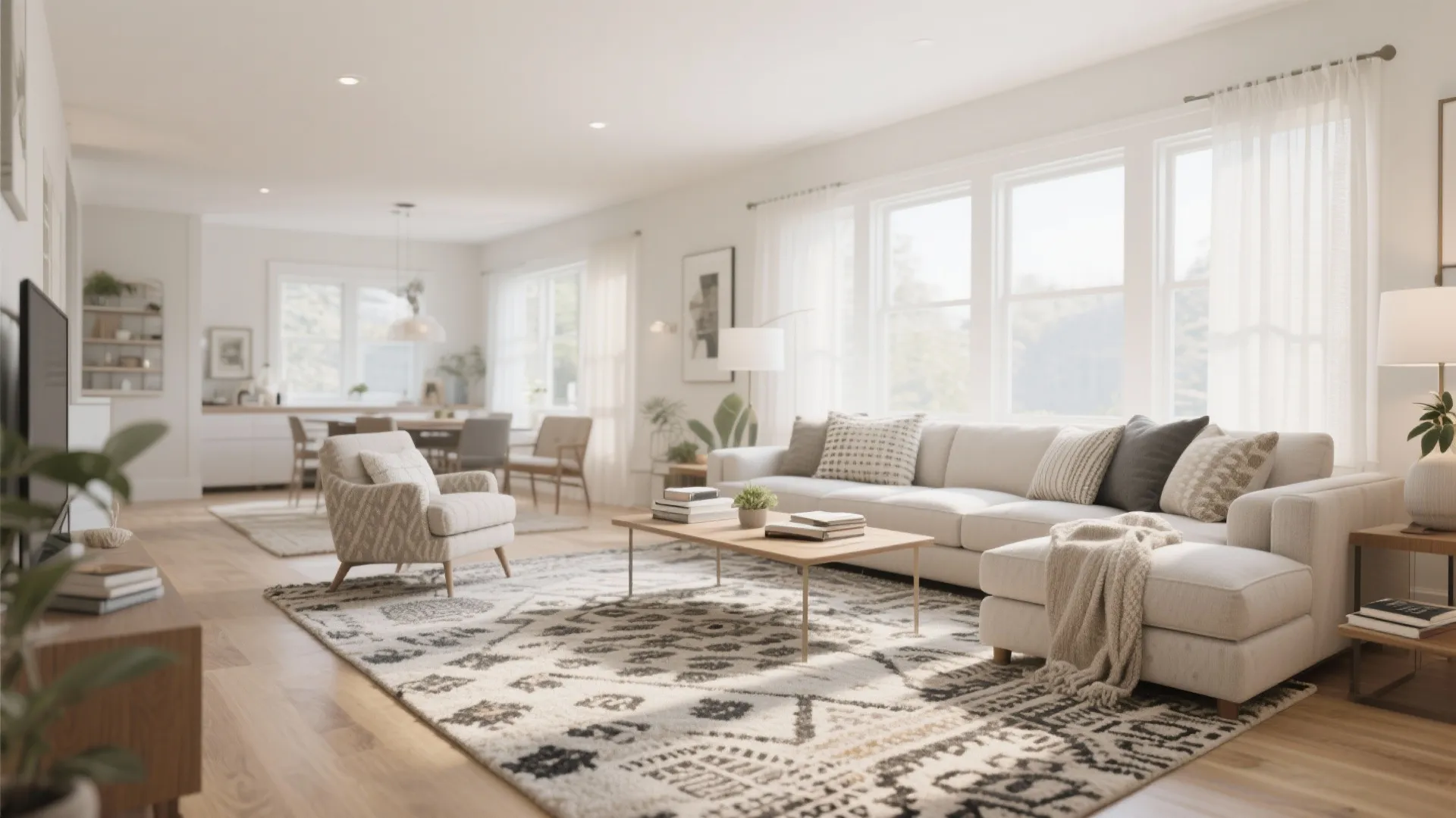 Spacious open living room with large sectional sofa patterned rug wood floor and dining area behind