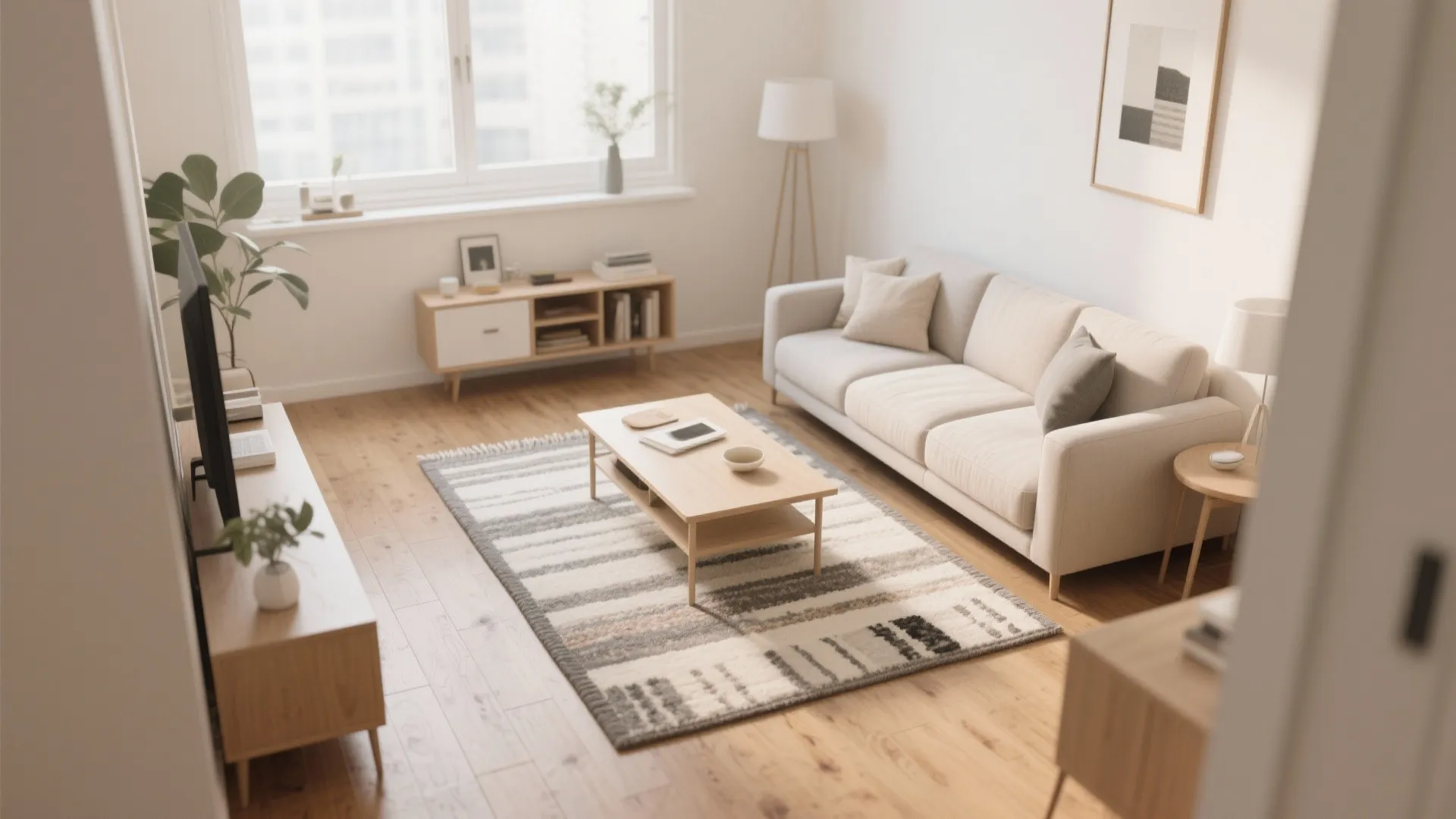 Minimalist living room with a striped rug under a wooden coffee table and white sofa