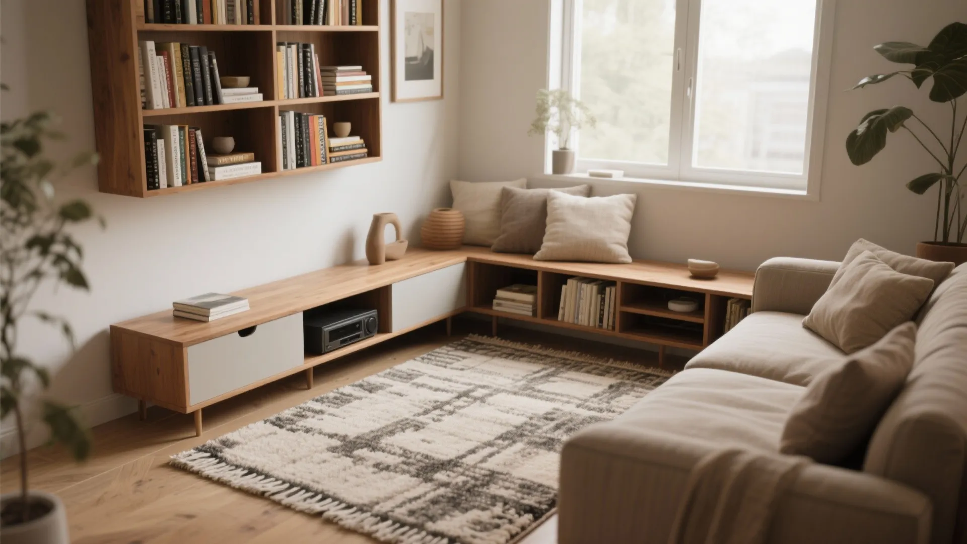 Cozy reading nook featuring wooden bookshelf window bench neutral rug comfortable sofa and green potted plants