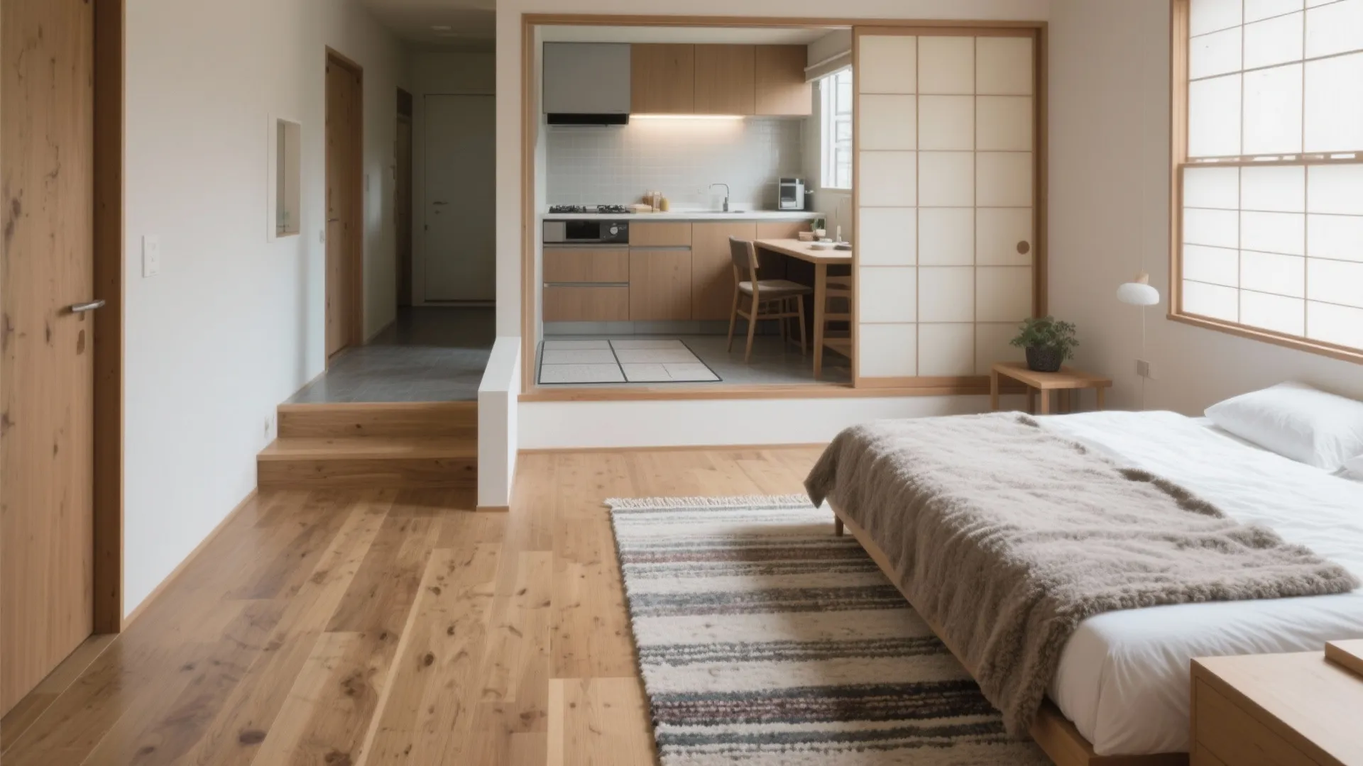 床を切り替えてゾーンを作る：ラグと段差の使い分け