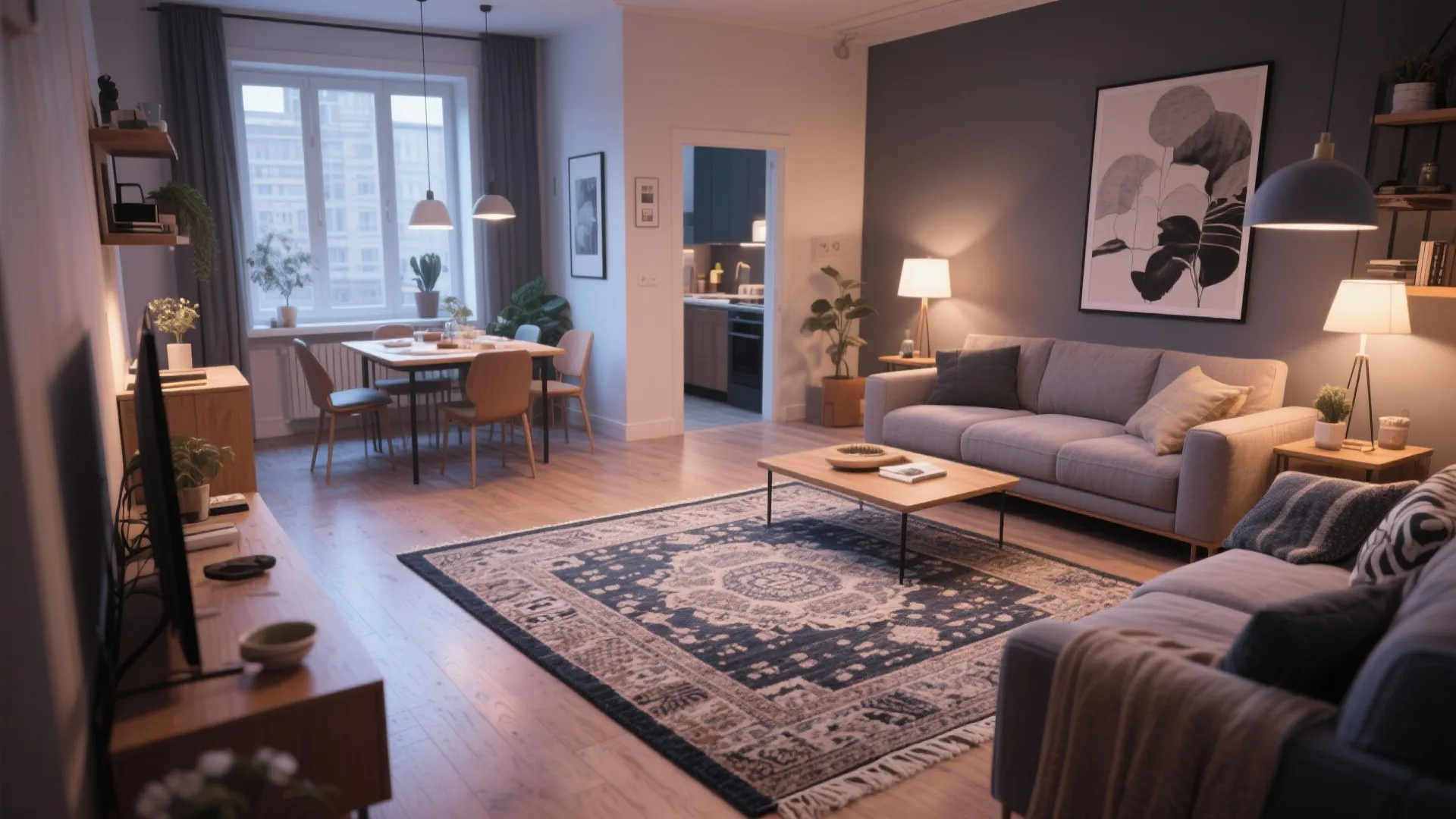Modern living room featuring a patterned rug, grey sofa, wooden coffee table, and dining area