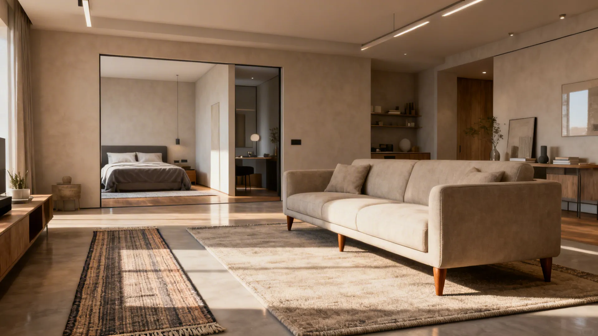 Open living room with beige sofa and large rug facing a minimalist bedroom with bed