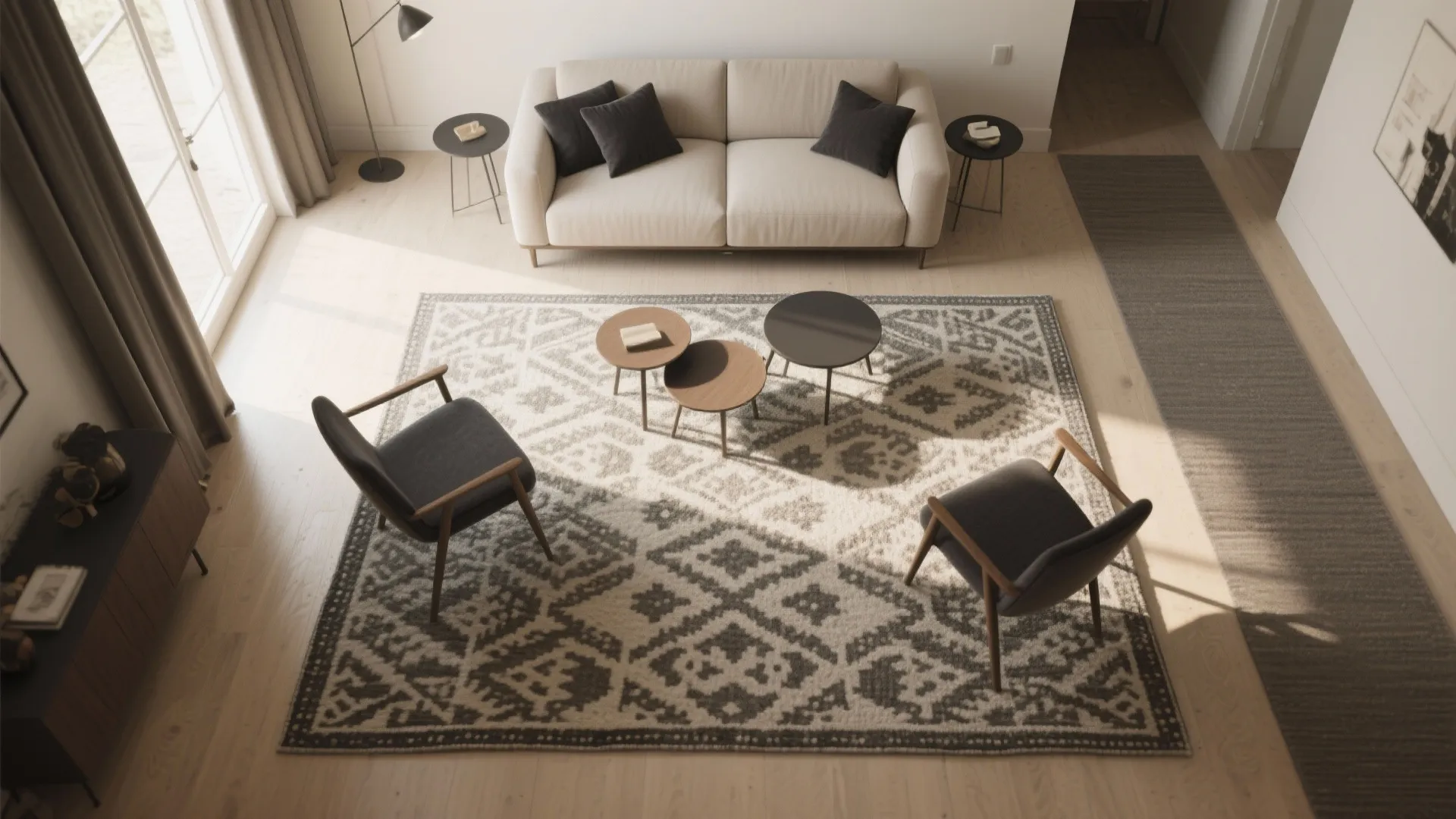 Rug Layering and Low Profiles to Zone Small Rooms