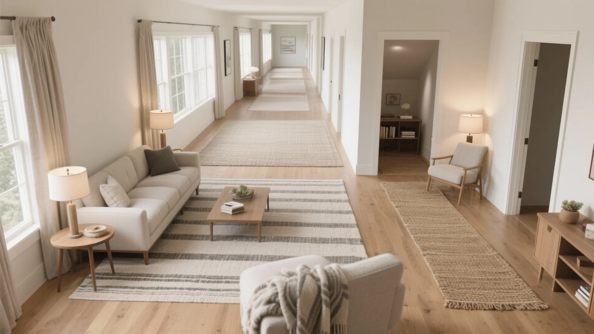 Spacious living area with white sofa striped rug wooden floor table lamps and long corridor
