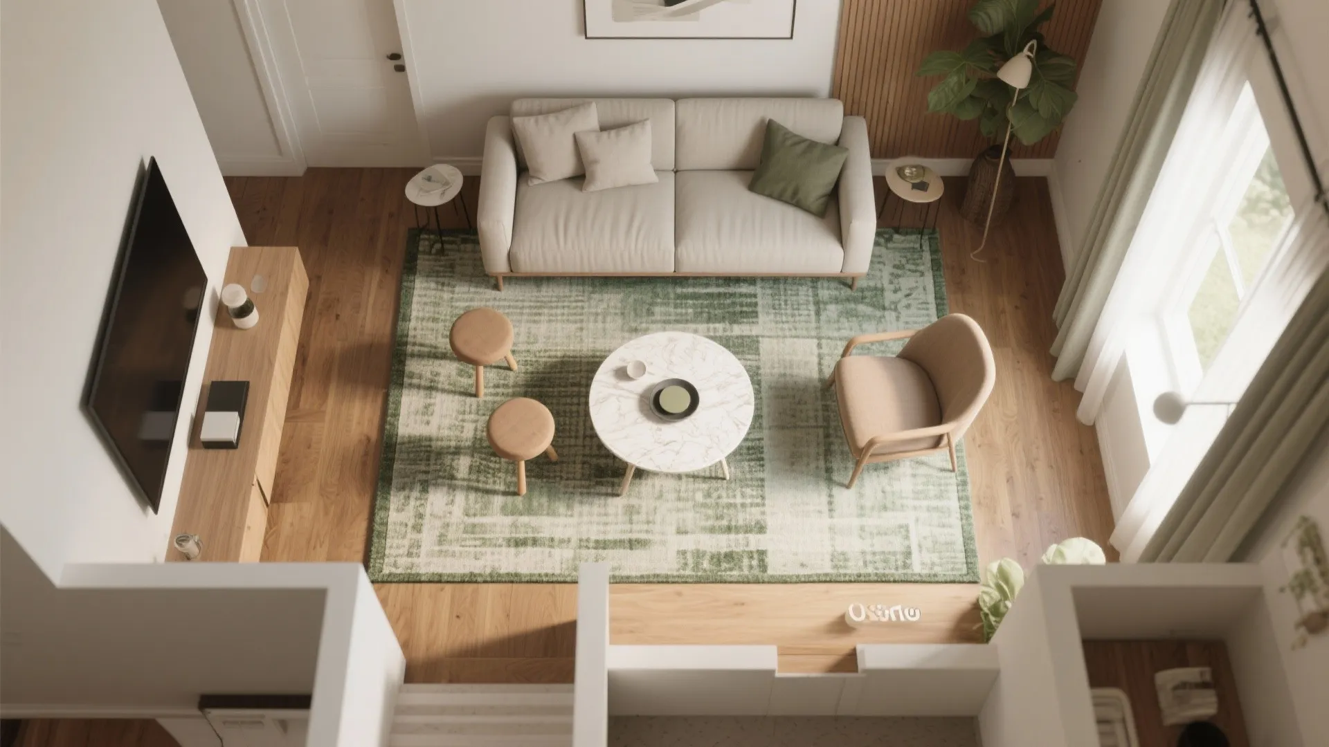 Top view room layout with beige sofa green area rug round coffee table and wooden furniture