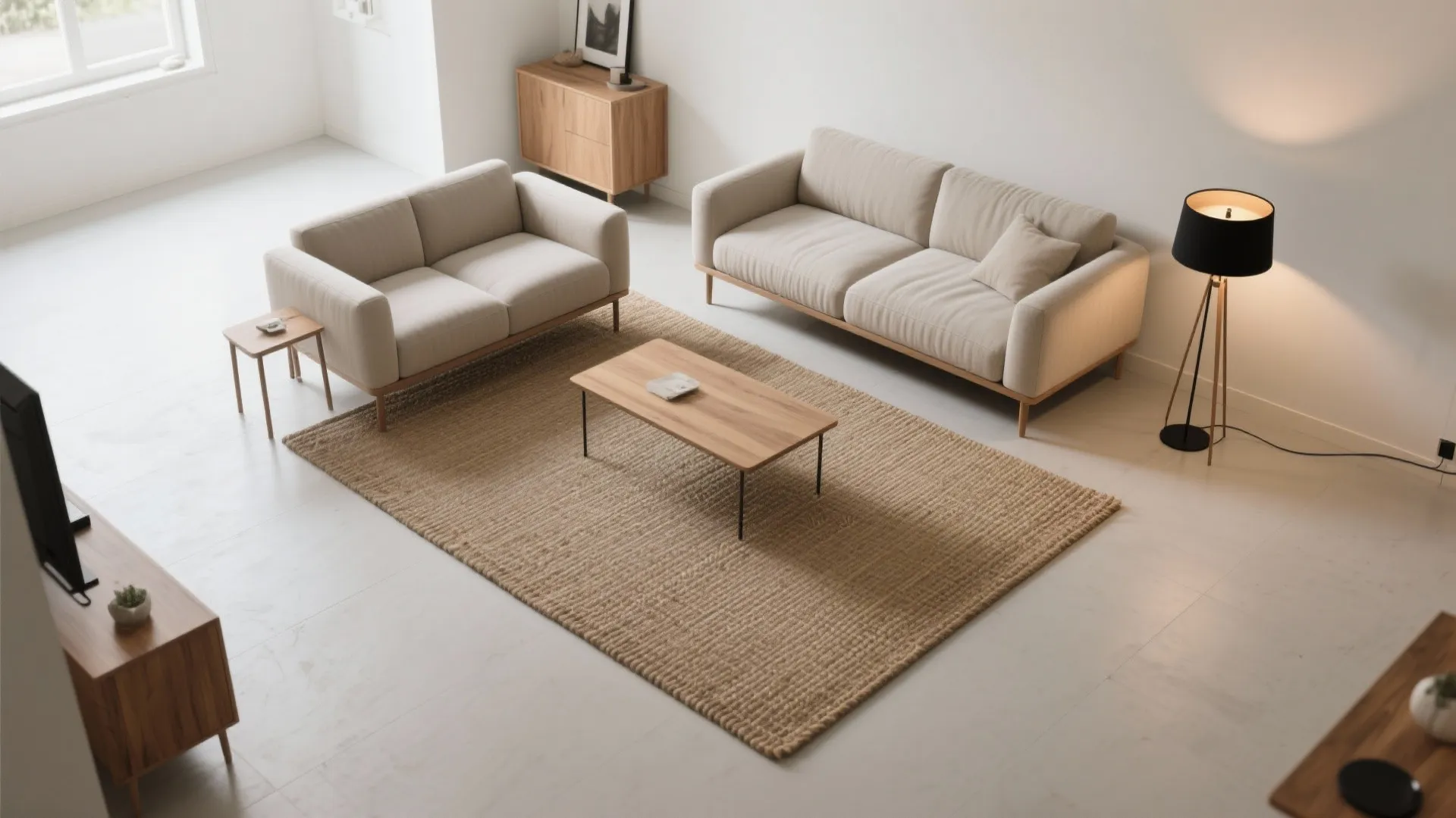 Modern living room with beige sofas wooden coffee table large brown rug and floor light fixture