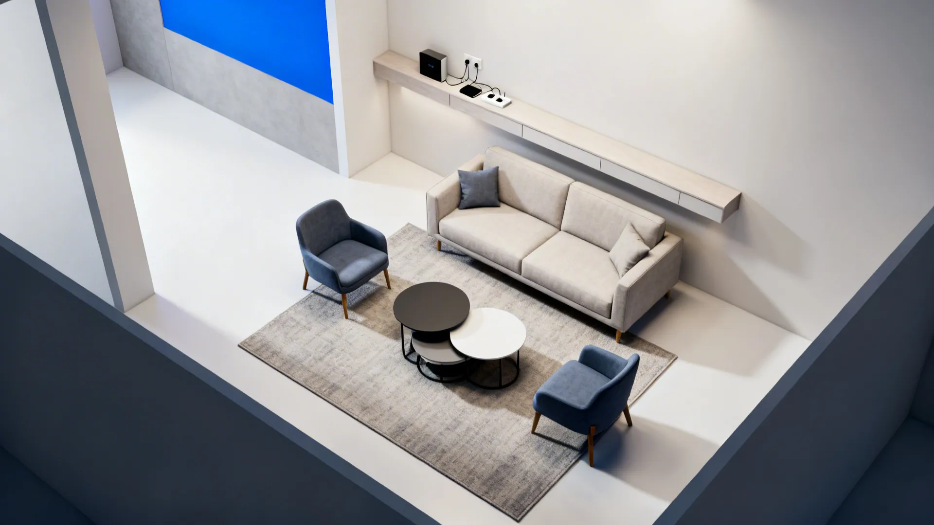 Top-down zoning with a 5x8 rug, nesting tables, and a slim console behind the sofa.