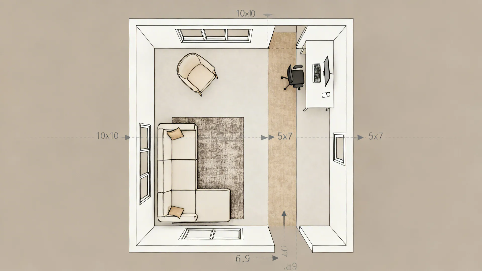 Top-down 10x10 layout showing living zone rug and runner defining a workspace path.