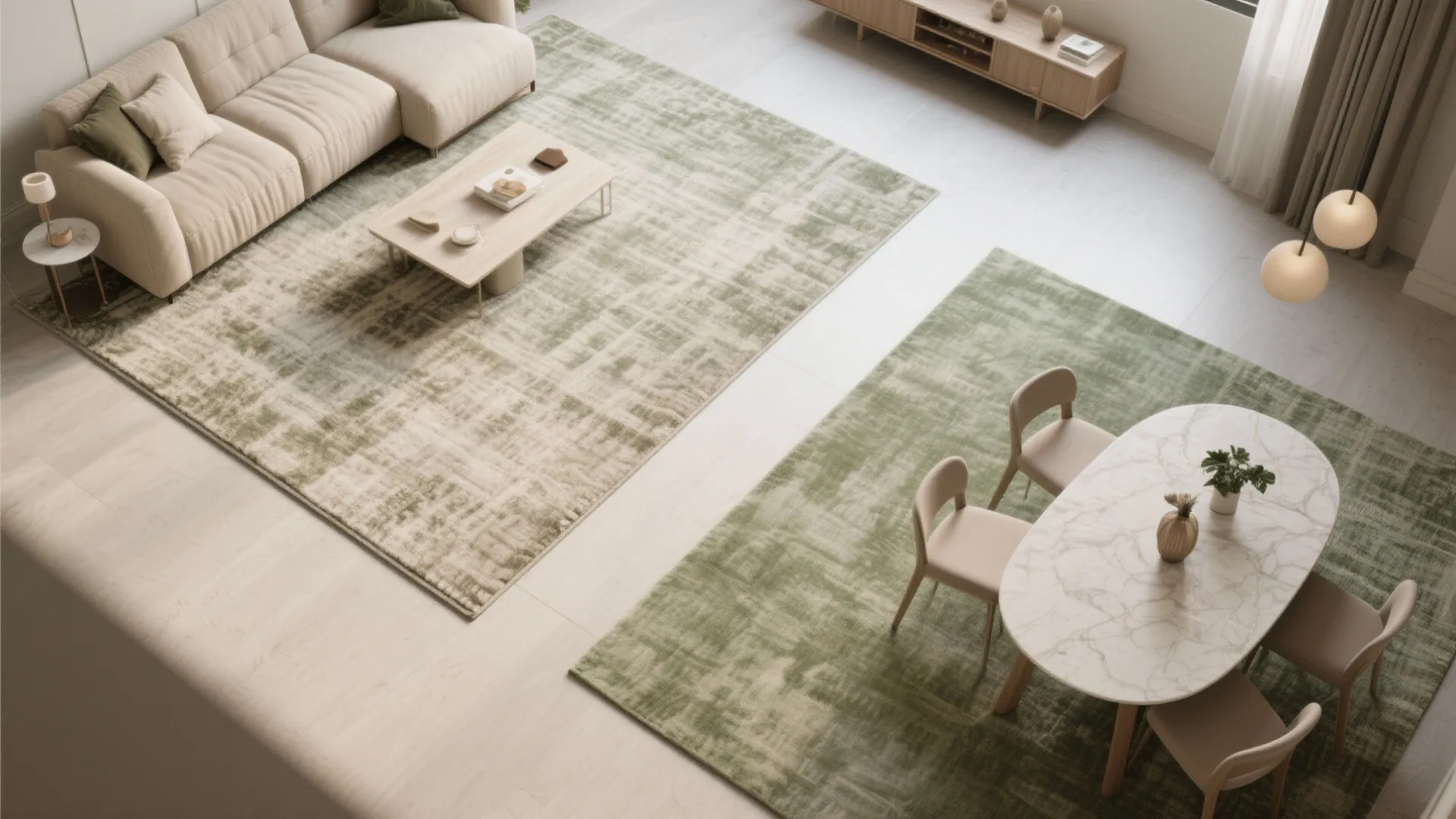 Top view of living and dining areas using green rugs to define separate furniture zones