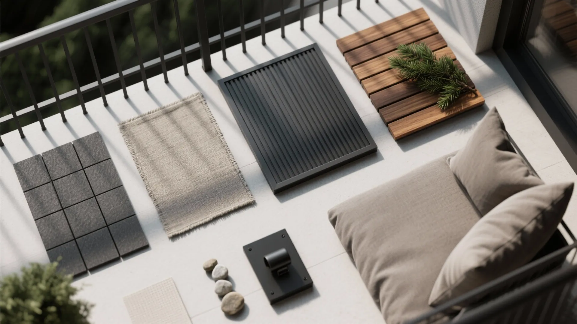 Modern balcony floor design showing various tile samples rugs wooden panels sofa cushions and decorative stones
