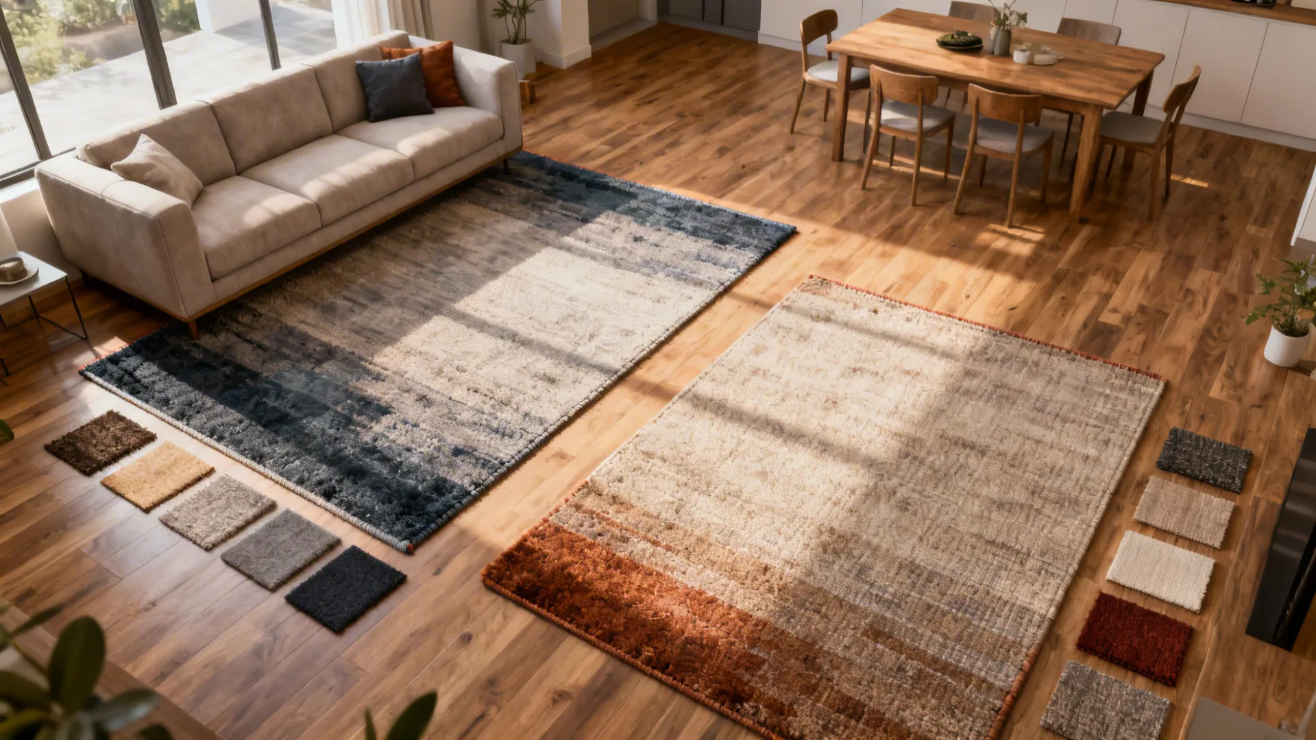 Two large patterned area rugs on wooden floor with small color samples and dining table