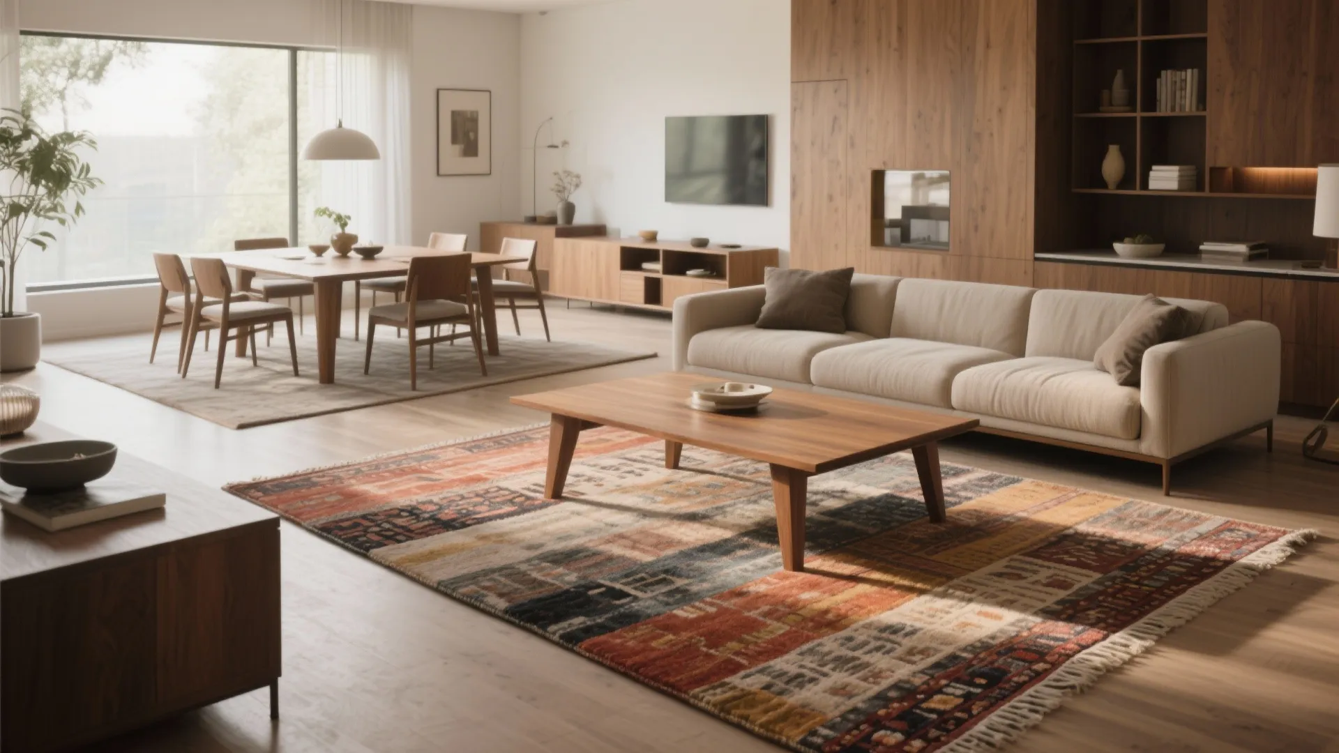 Spacious open plan living room featuring colorful area rug wooden coffee table and white sofa