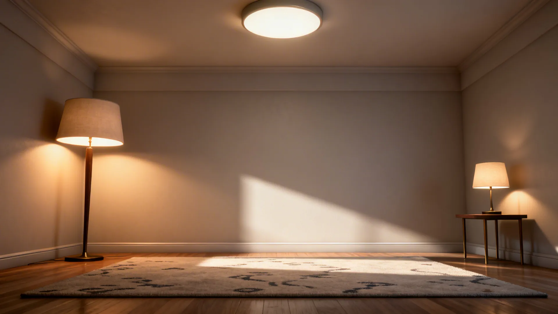 Seating area anchored by a rug and layered lighting providing depth and warmth in a compact living room.