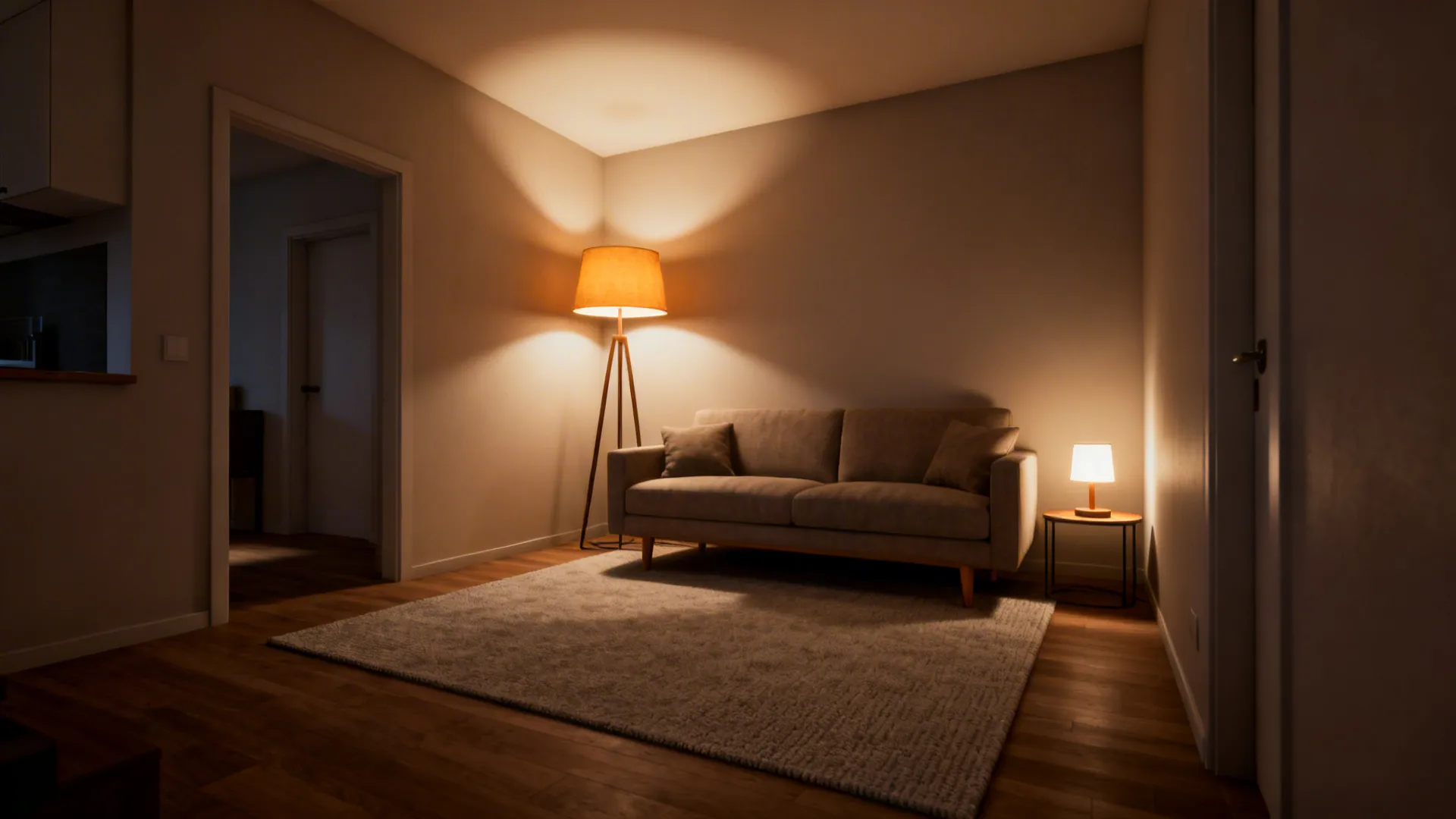 Defined seating zone with a textured rug and layered warm lighting in a small living room.
