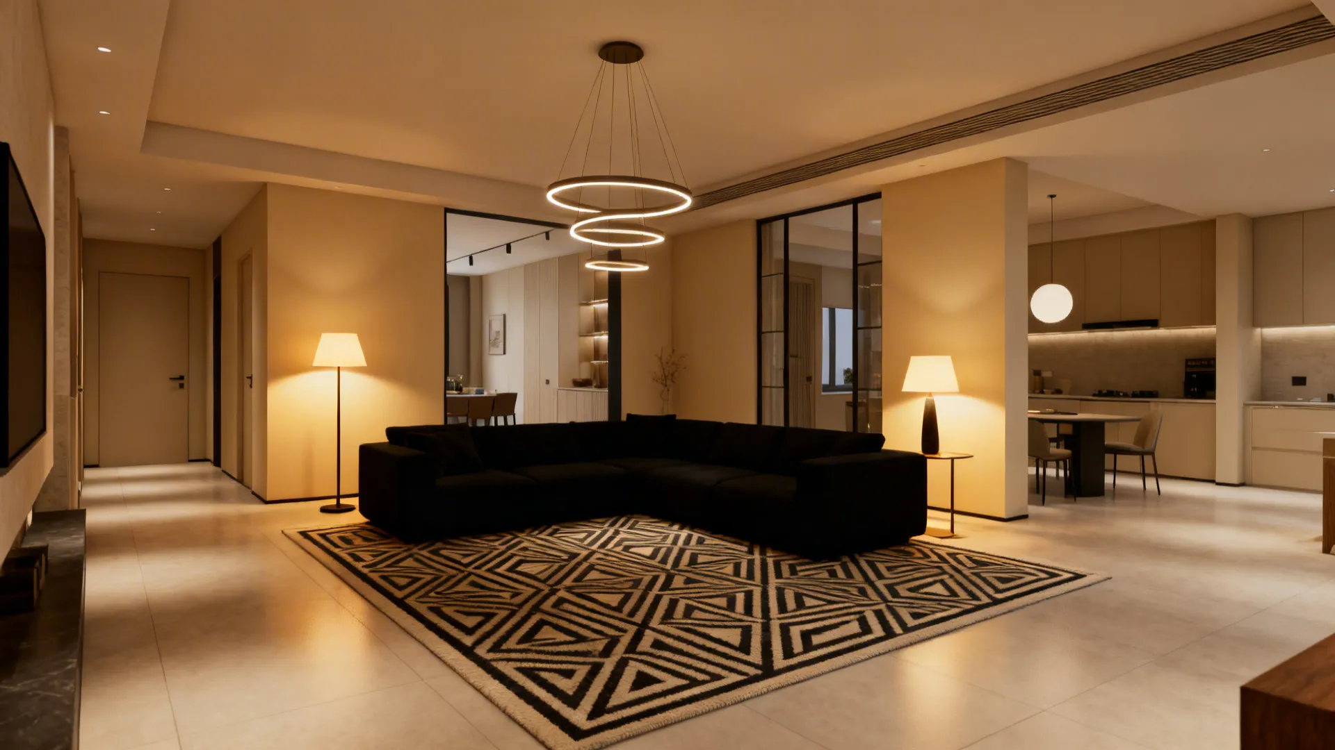 Open-plan living area zoned with a geometric rug and layered lighting around a black sectional