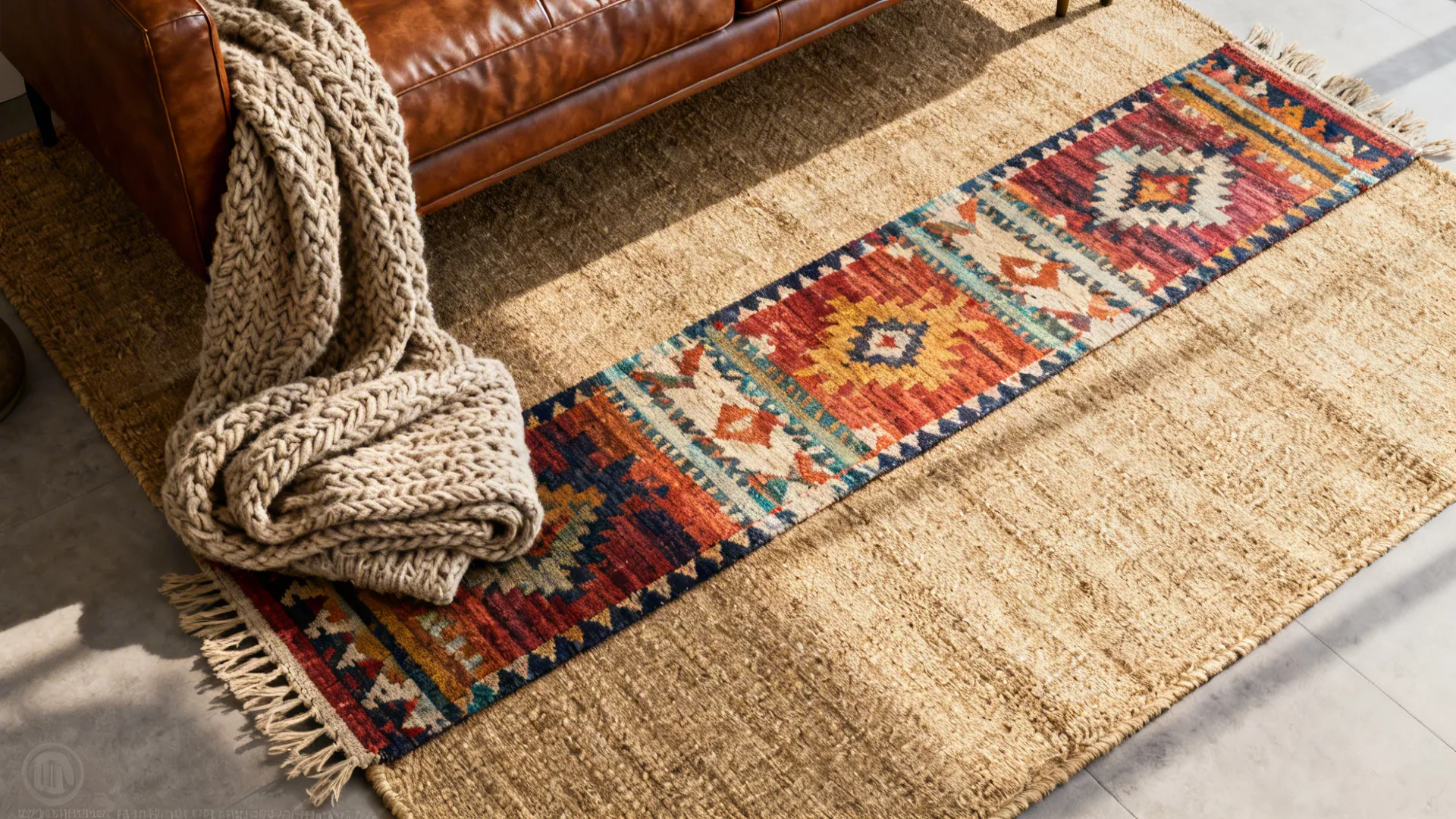 Layered jute rug with a kilim runner and a chunky knitted throw beside a brown leather sofa.
