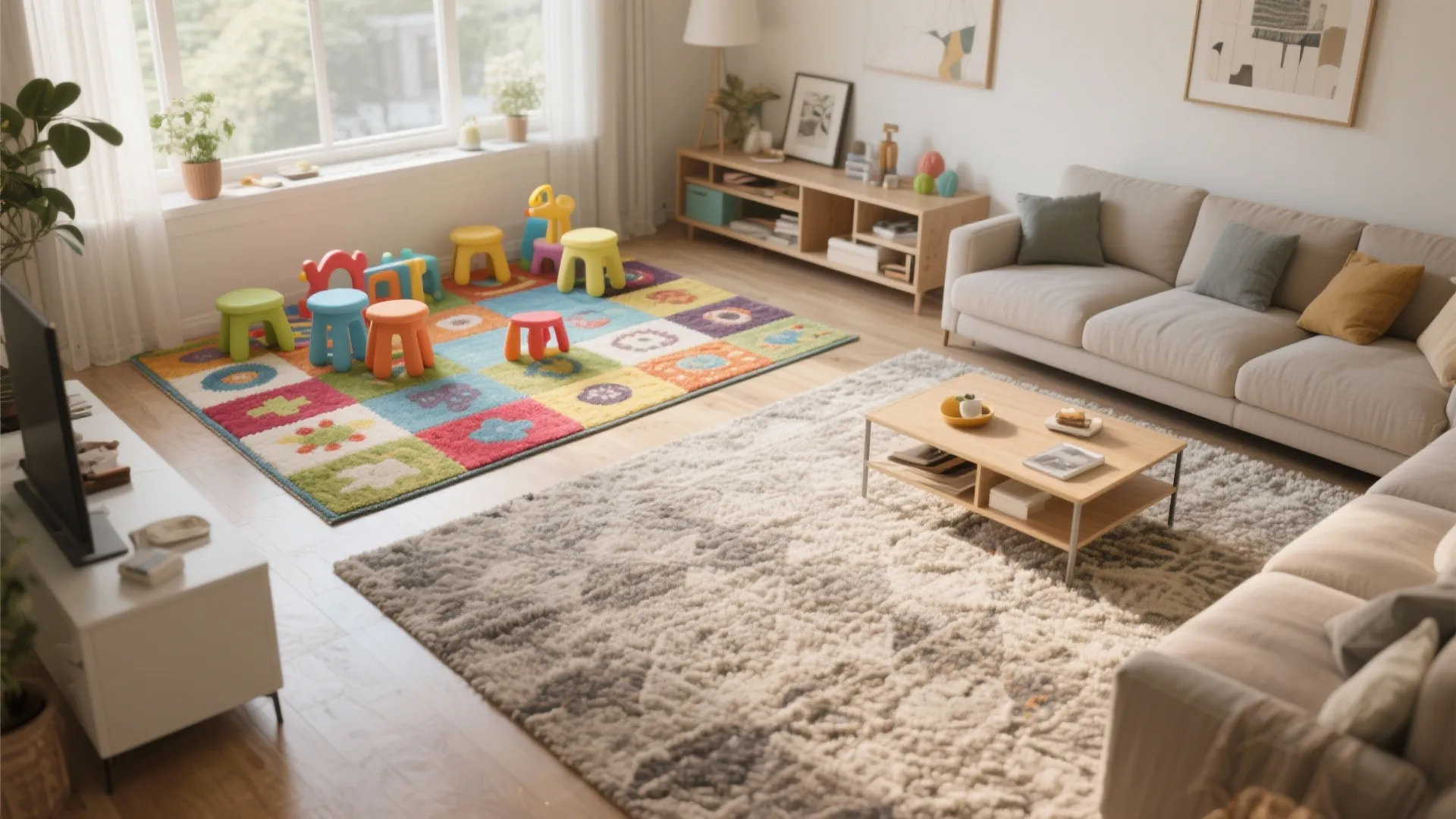 Two rugs visually dividing living and play areas