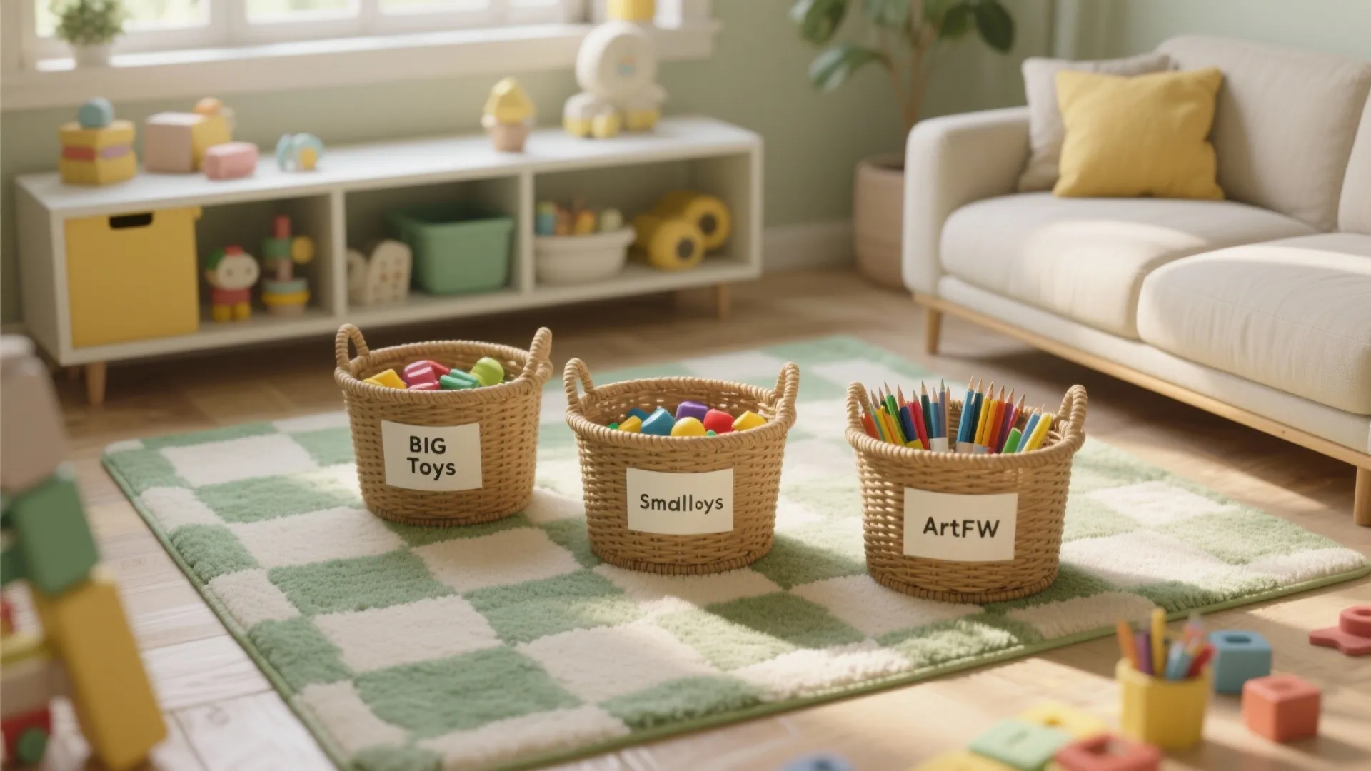 Three woven baskets with labels sitting on a green checkered rug in a bright playroom