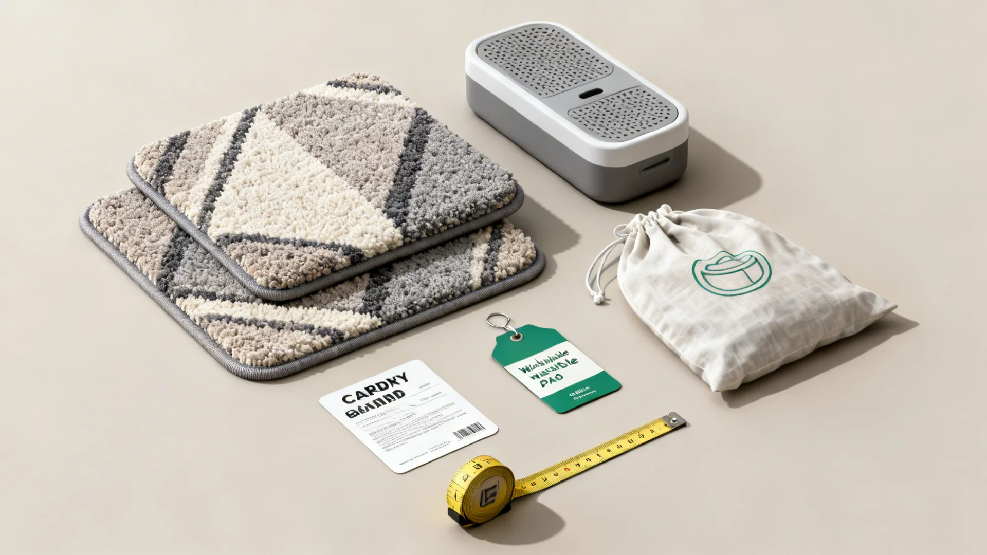 Flatlay of washable rug care items including a washable pad, care label, and measuring tape.