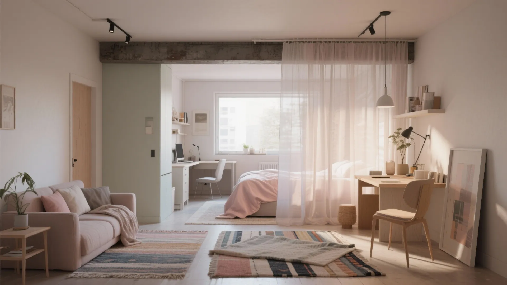 Compact loft showing layered rugs and a translucent curtain dividing the sleeping and working zones.
