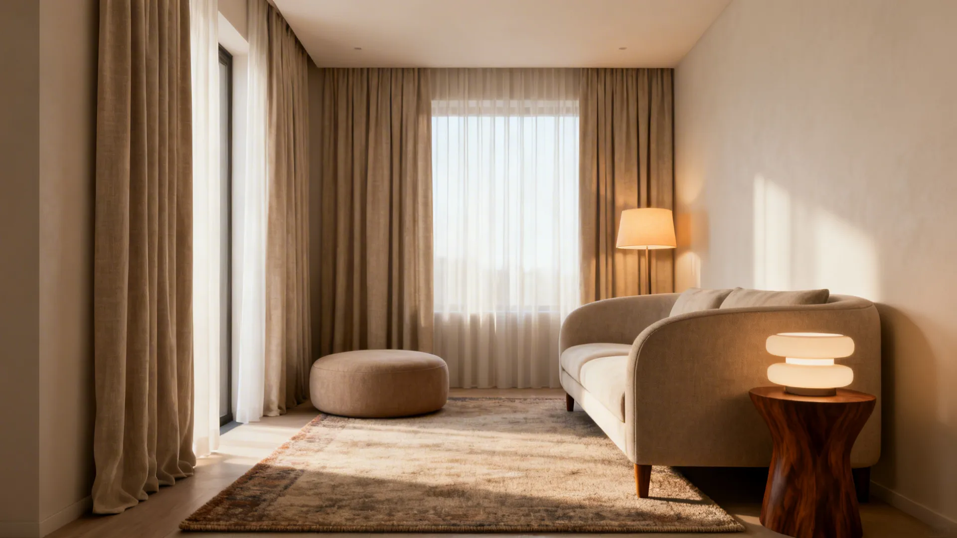 Small living room with a large rug and ceiling-height linen curtains creating a taller feel.
