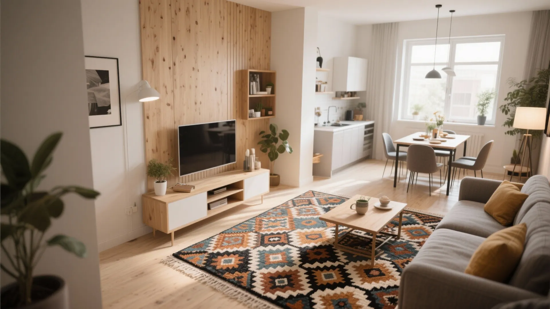 Open plan living room with colorful pattern rug wood wall panel television and dining area