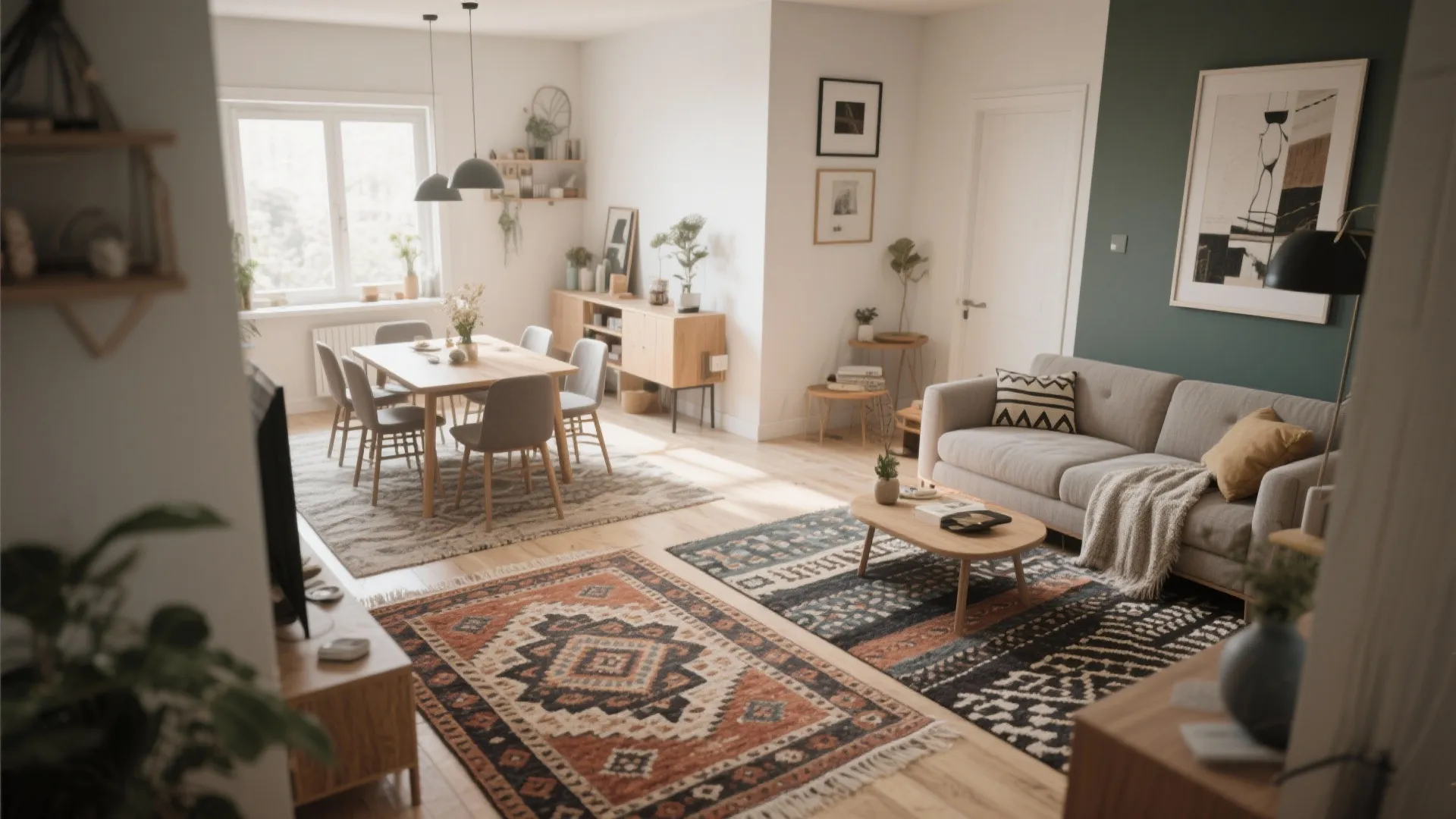 Open living room layout with dining table and sofa separated by two different patterned rugs