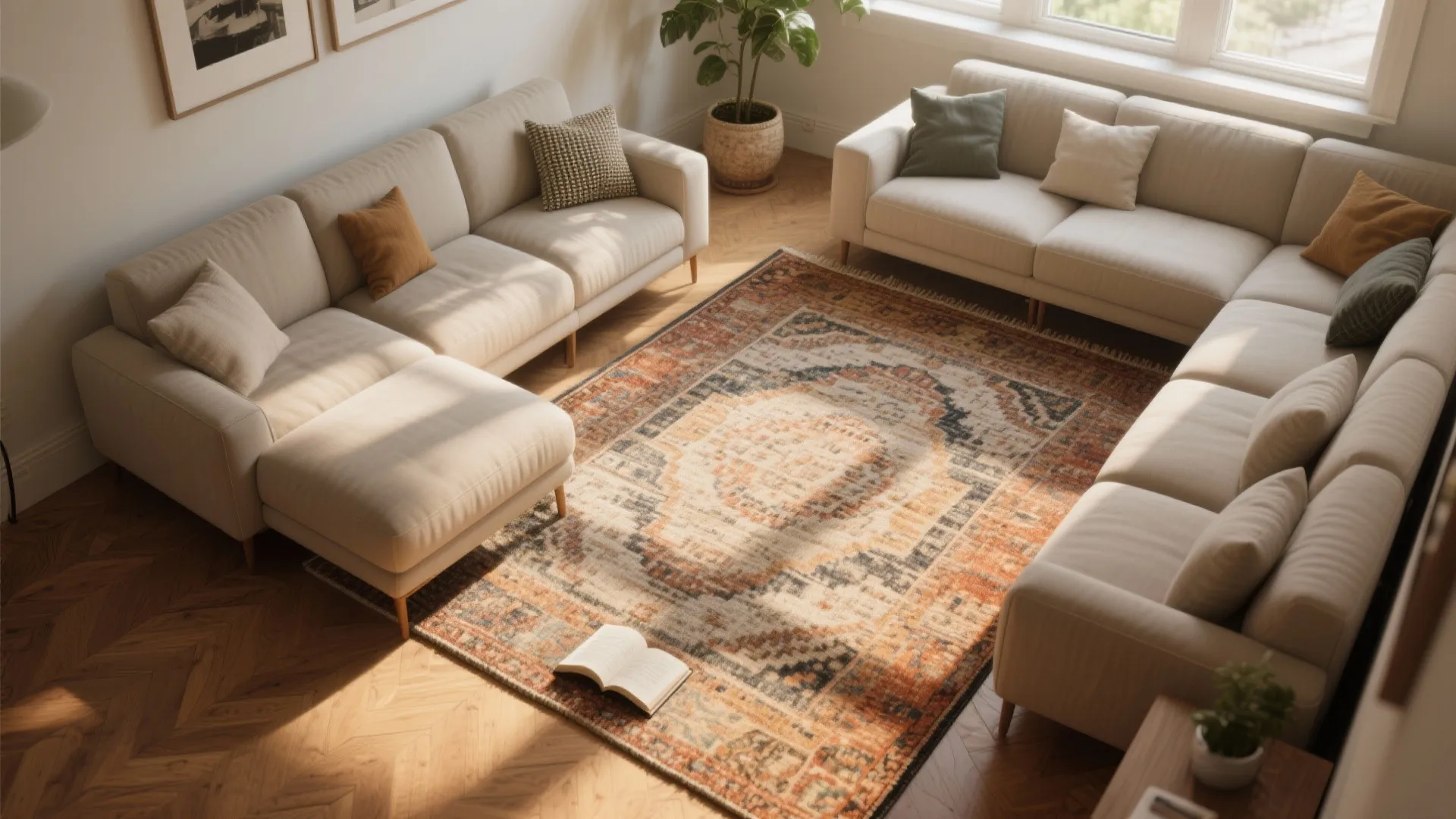 2. Use rugs to define zones around the sectional