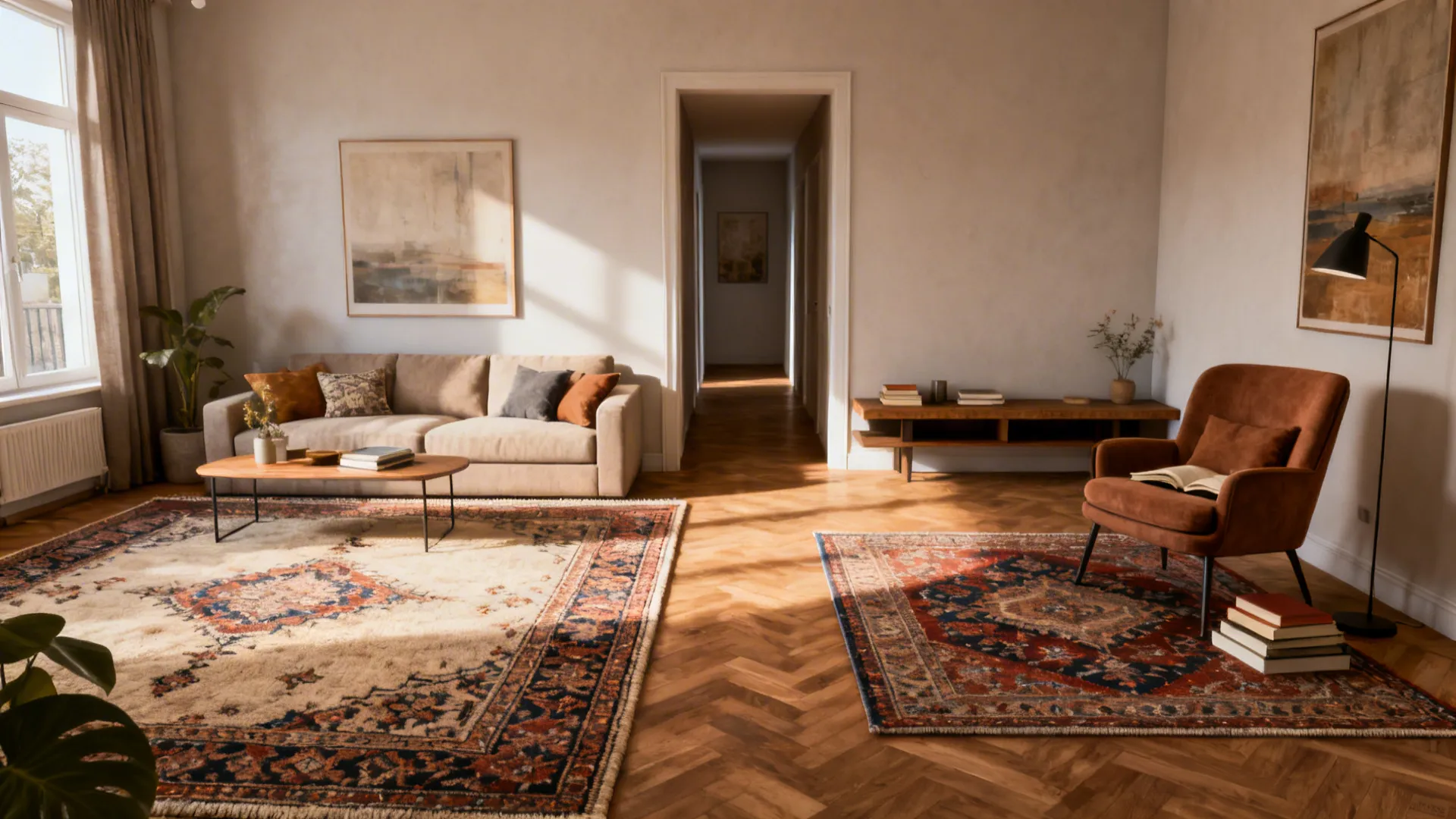 2. Define zones with rugs and furniture
