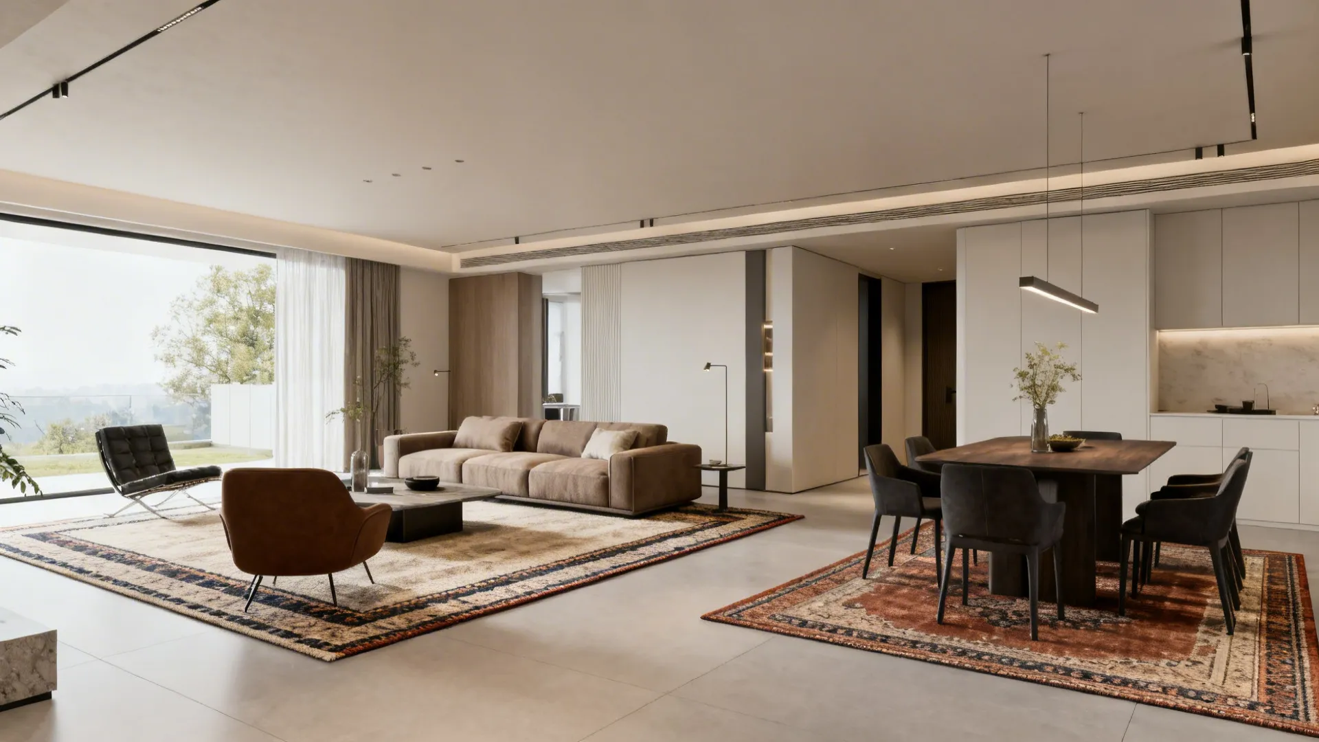 Modern open plan room layout with two separate rugs defining living and dining furniture areas
