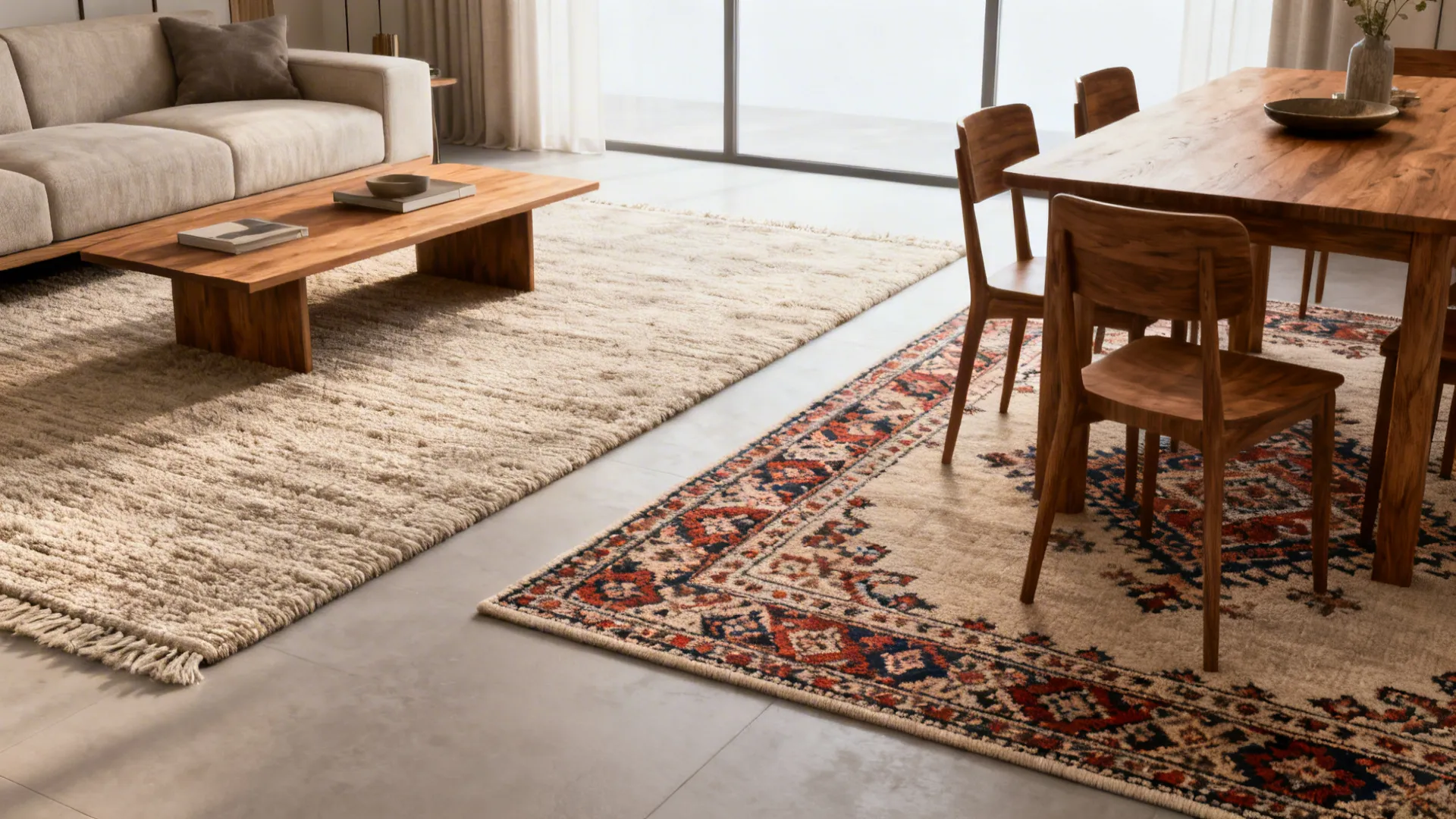 Two rugs defining living and dining areas with coordinated accent color, sofa and dining table visible.
