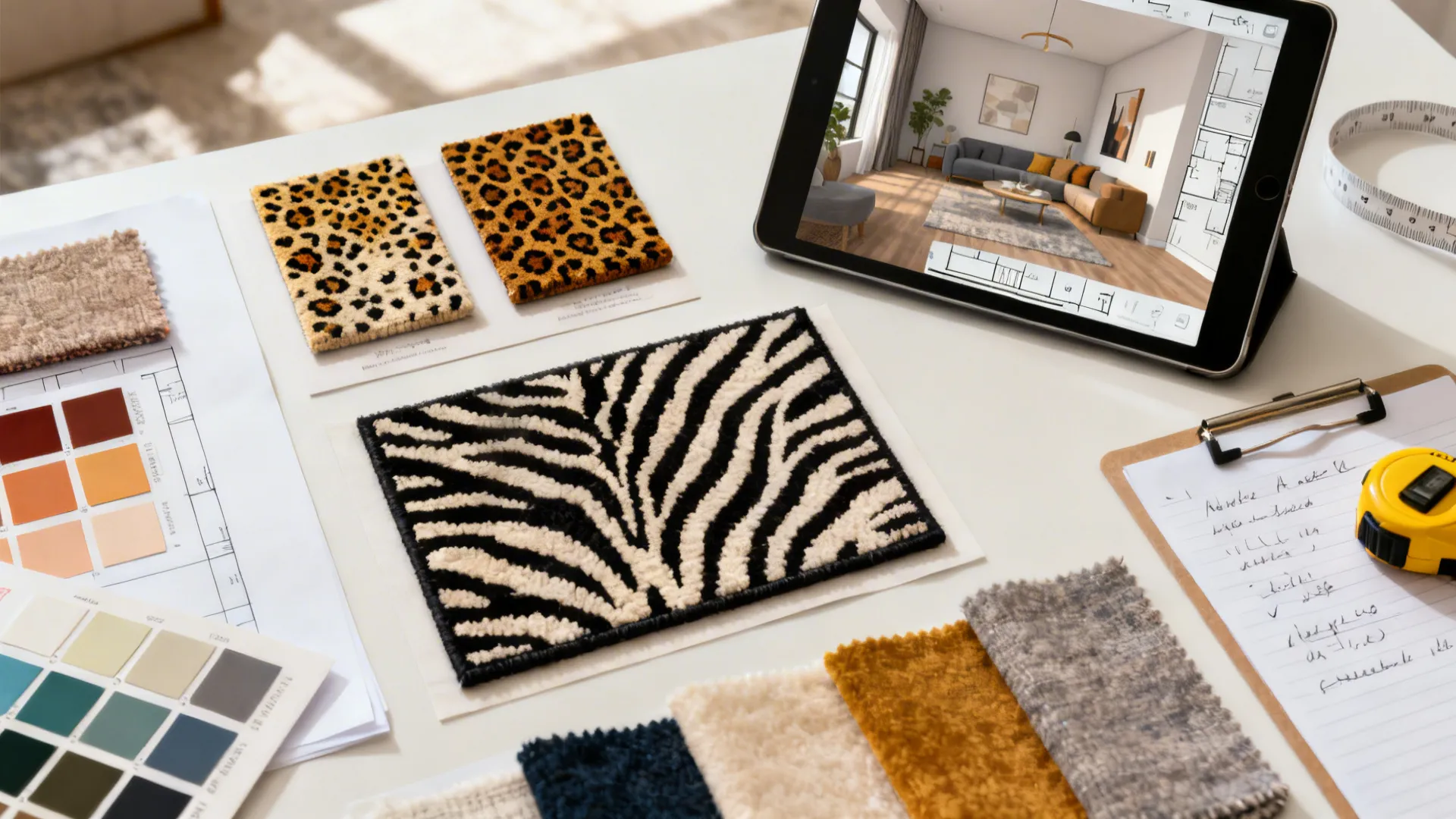 Designer flatlay with animal print rug swatches, color chips, and a tablet showing a room planner.