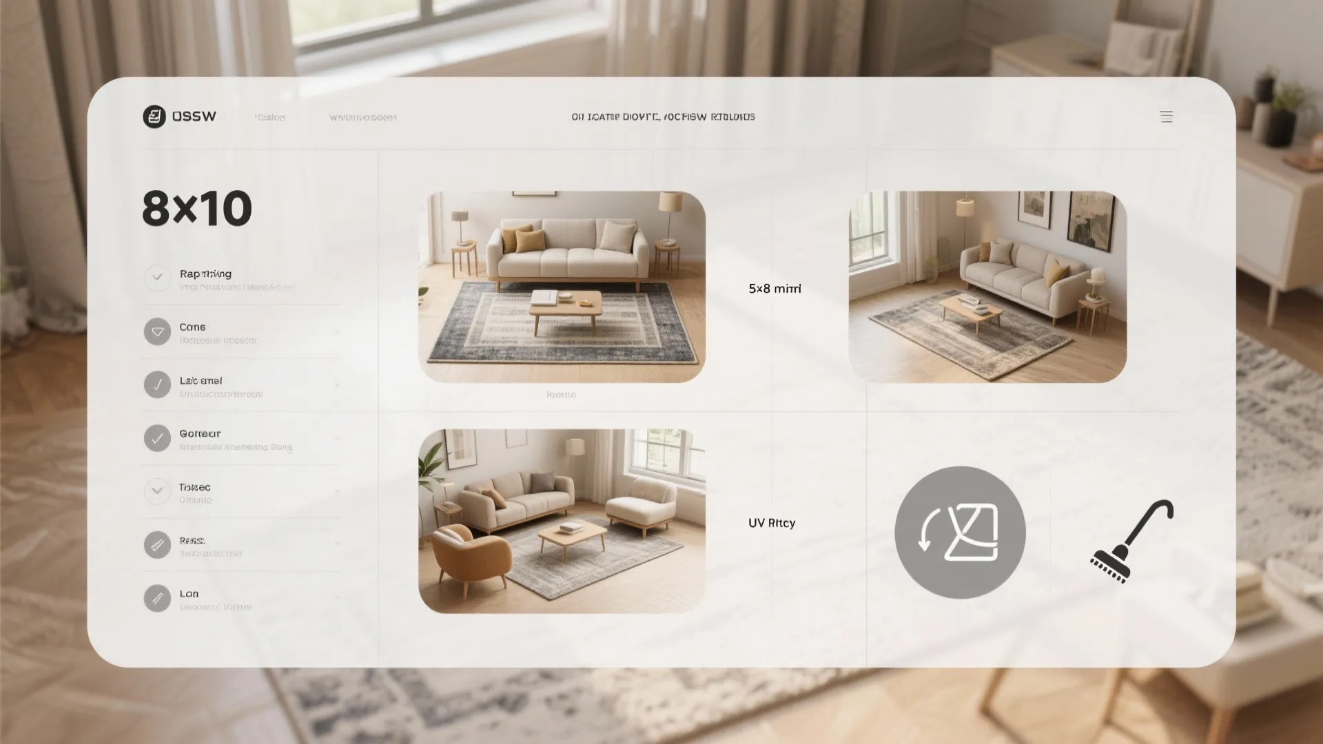 Website interface showing three living room interior design drawings with different area rug size options