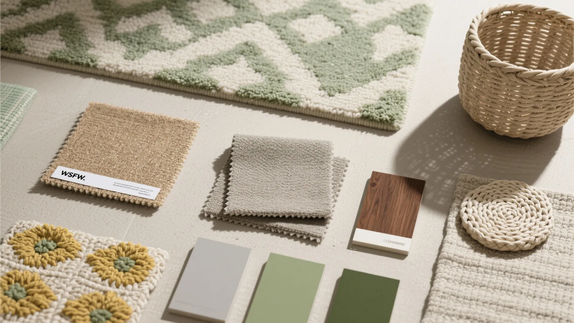 Flat lay of washable rug and fabric swatches with neutral tones and moss green accents.