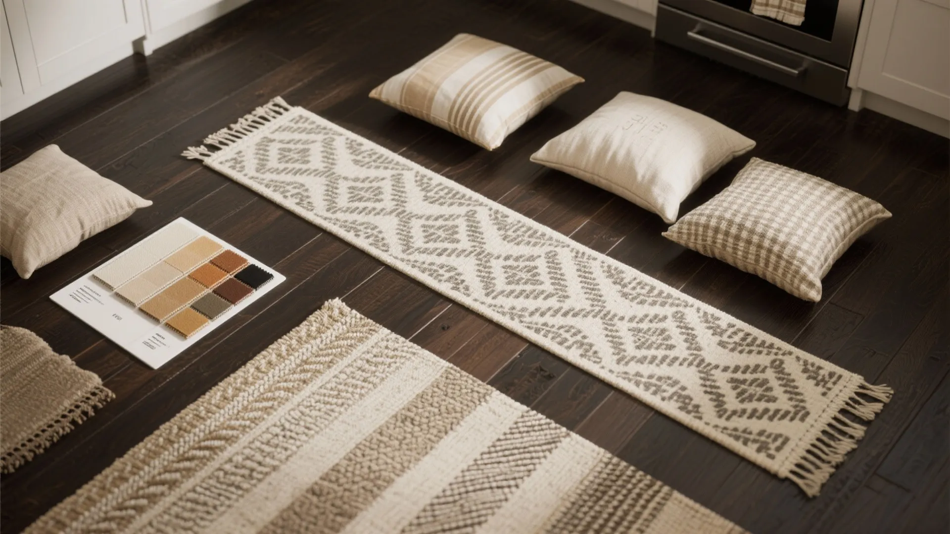 Selection of beige woven rugs and soft pillows placed on dark wood floor with swatches