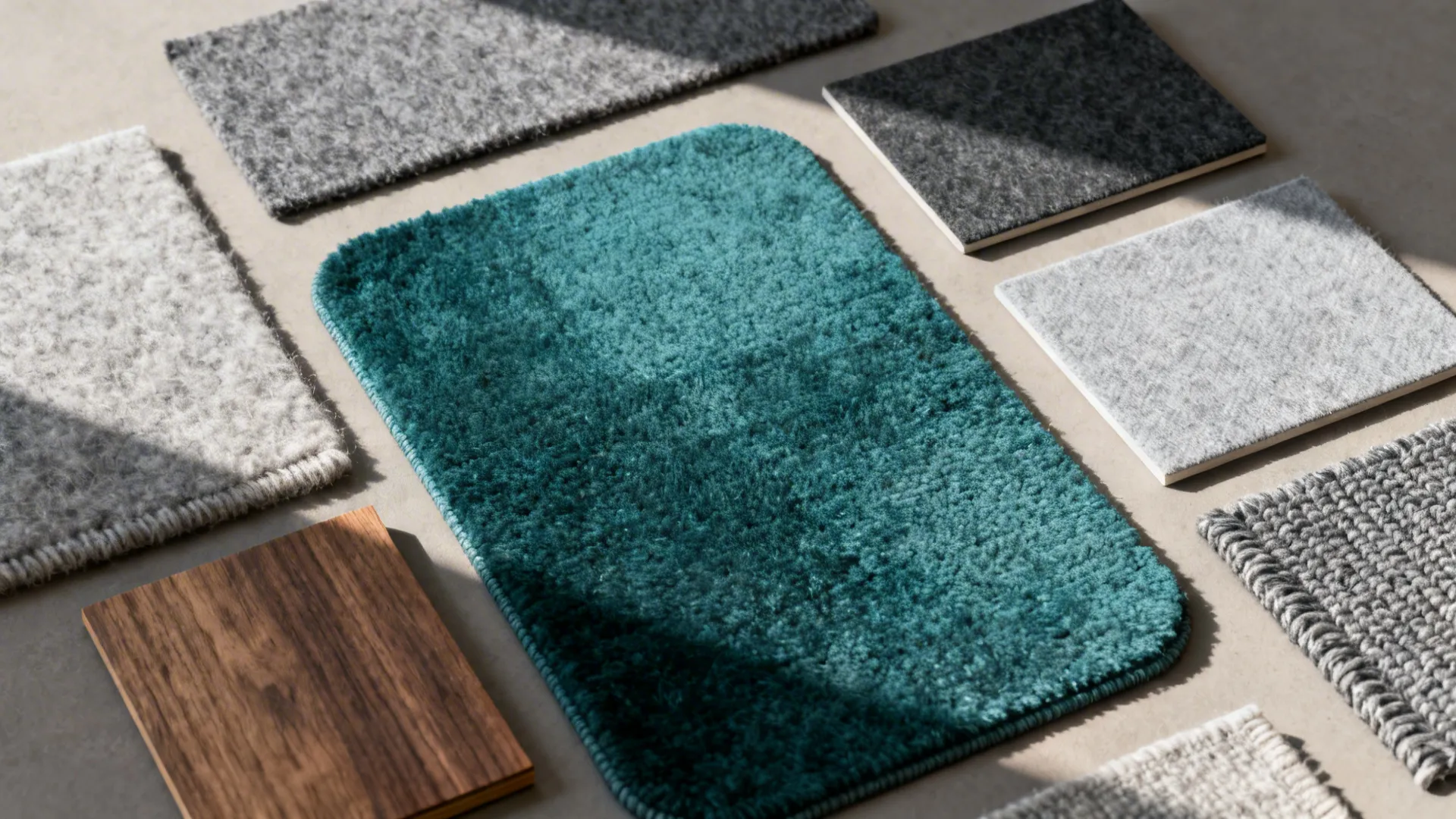 Top-down flatlay of teal and grey rug material samples and color swatches with wood and fabric samples.