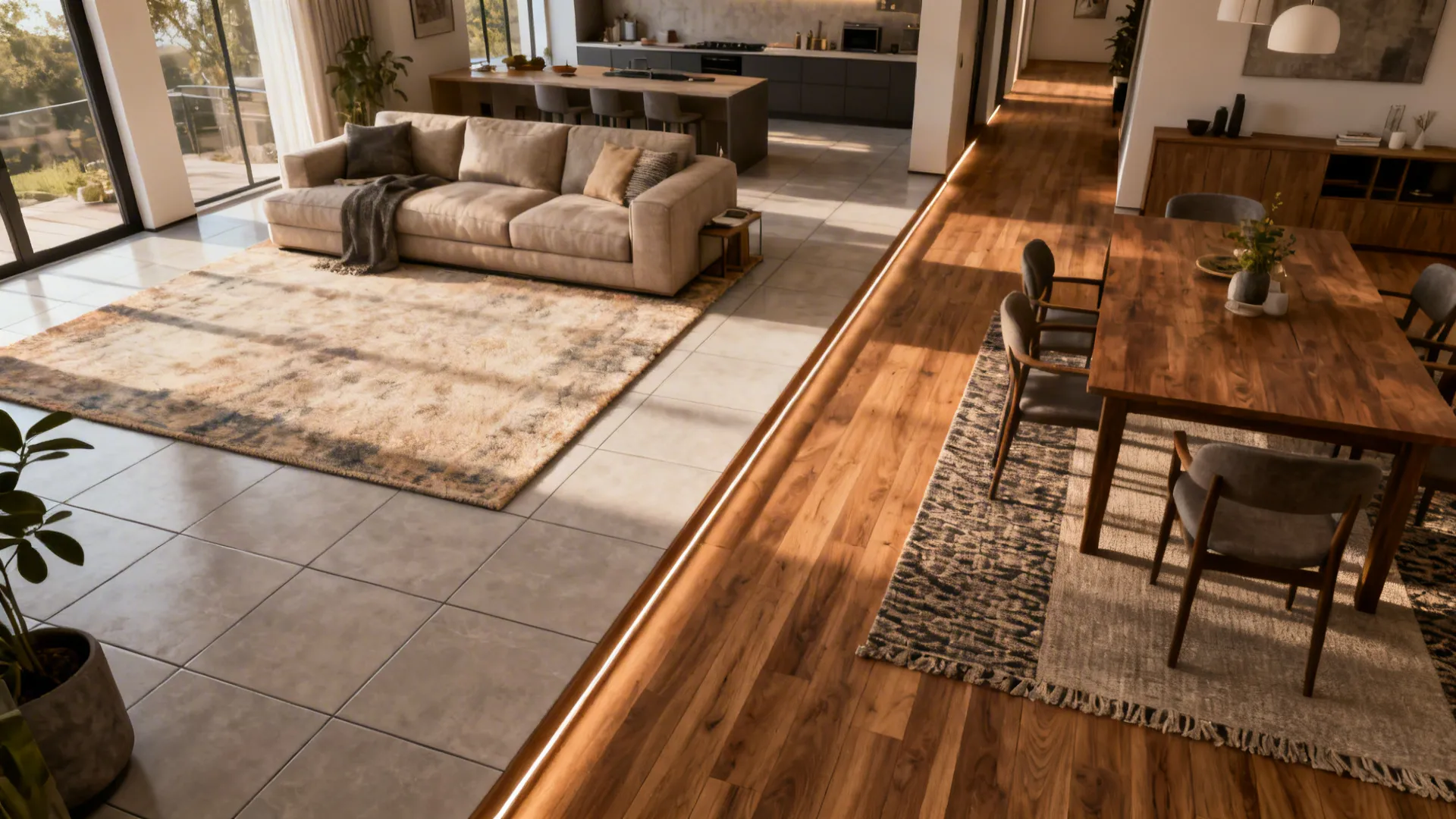 Before and after of an open-plan room showing rugs and subtle flooring change to define zones