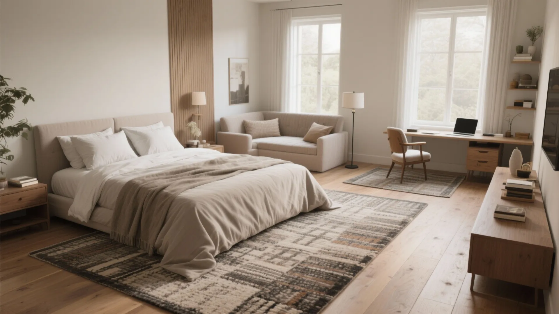 Modern neutral bedroom featuring large bed patterned rug small sofa and desk by bright windows