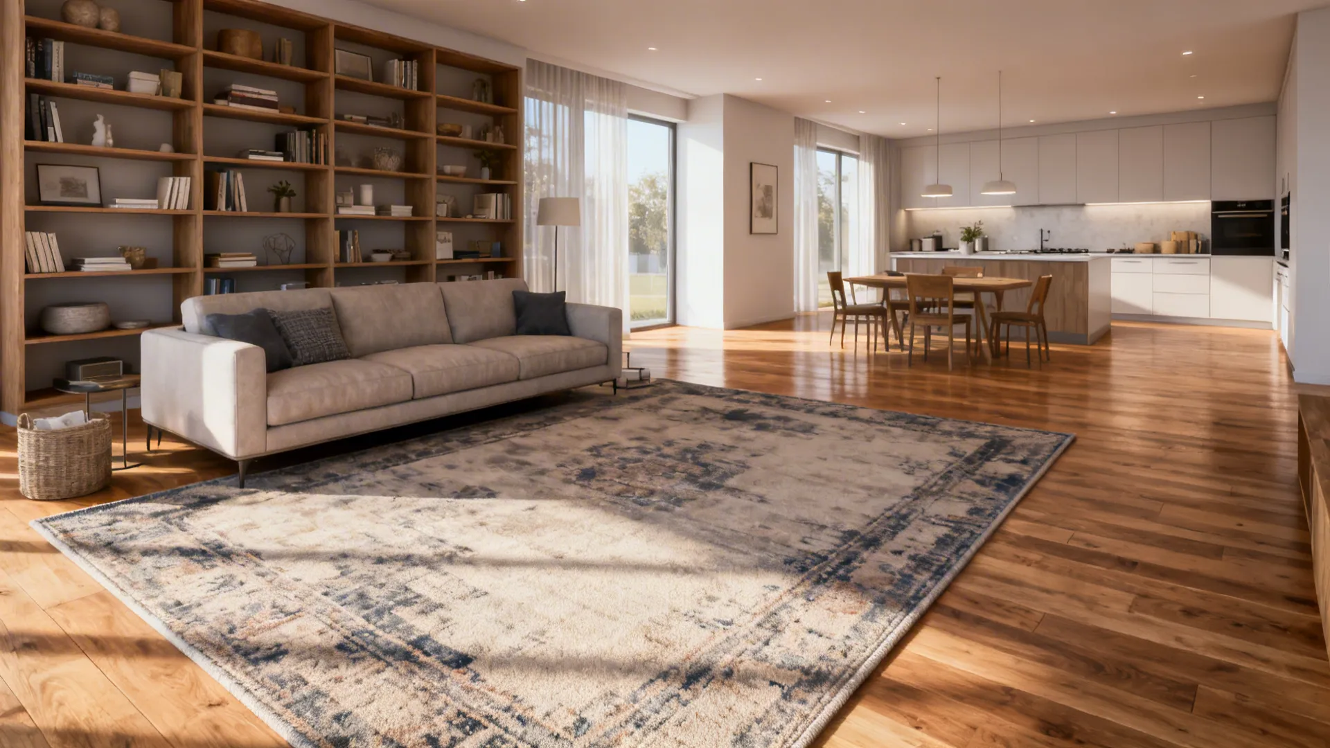 Large rug and strategic furniture placement creating visual flow in open-plan space
