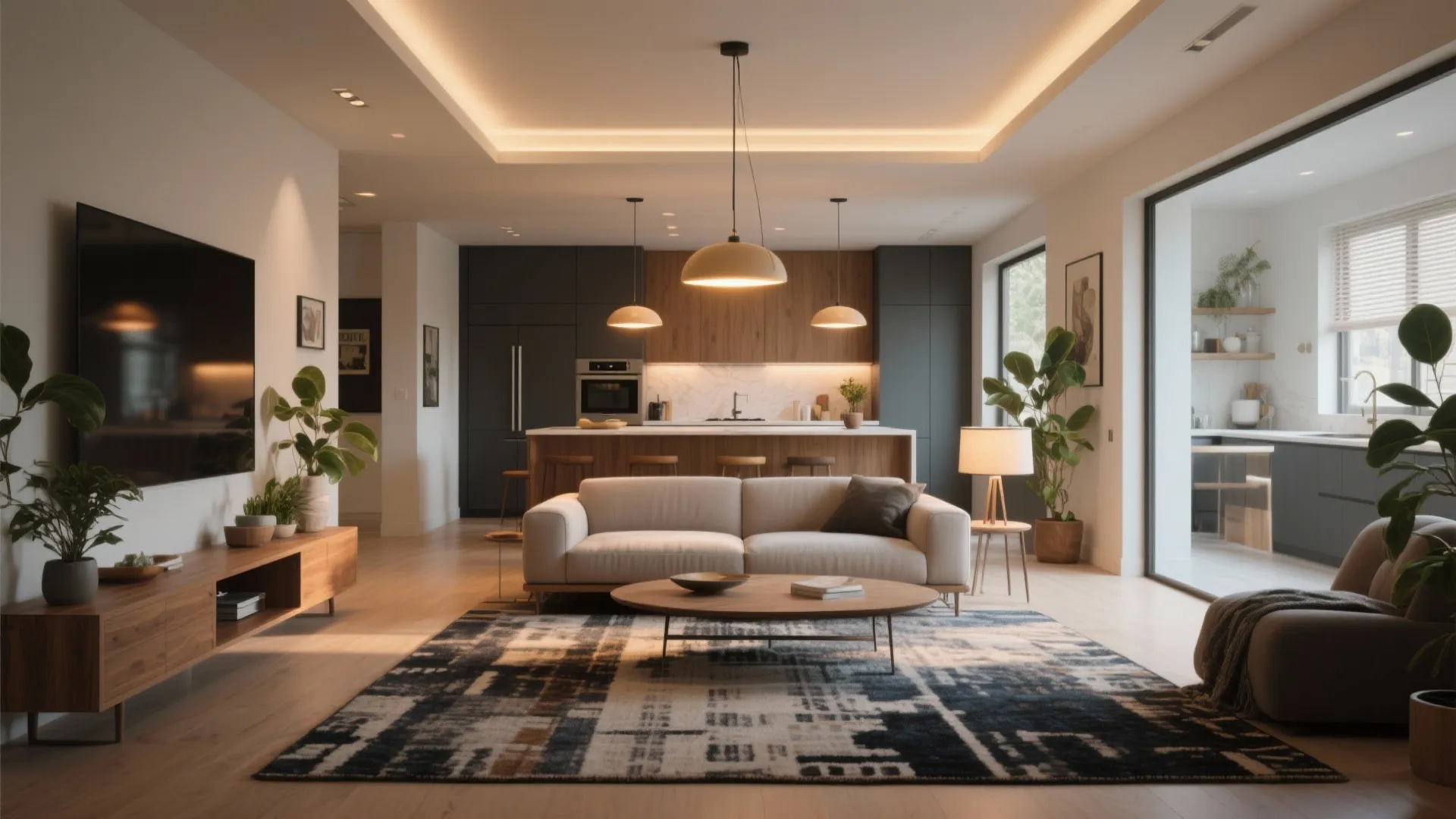 2. Define zones with rugs and layered lighting